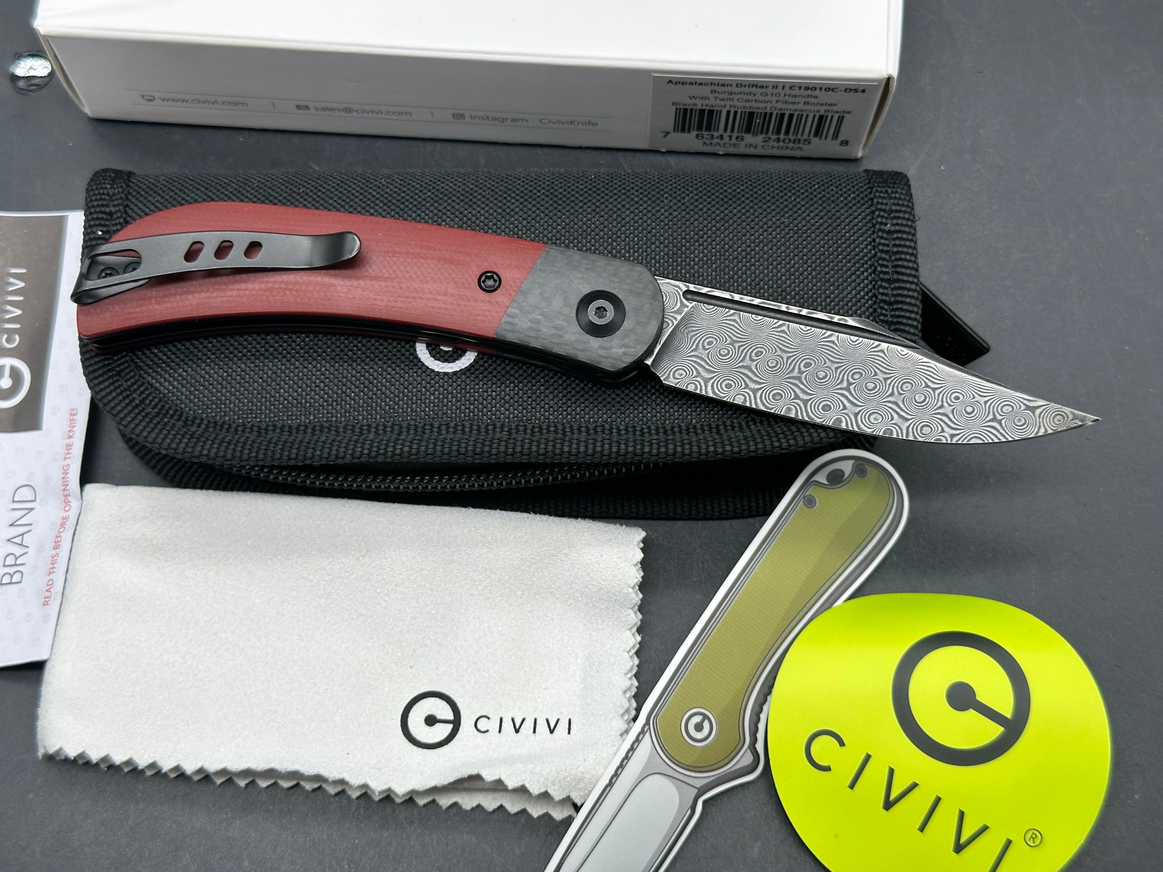 Civivi Appalachian Drifter II 2.96 inch hollow grind, black hand rubbed Damascus blade