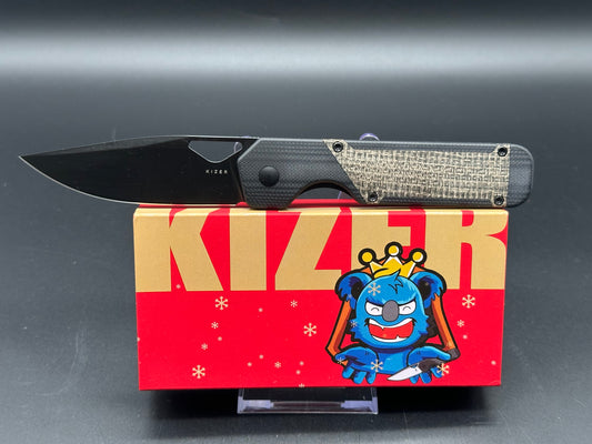 KIZER MILITAW BLACK G10/MICARTA HANDLE NITRO-V PLAIN BLACK BLADE