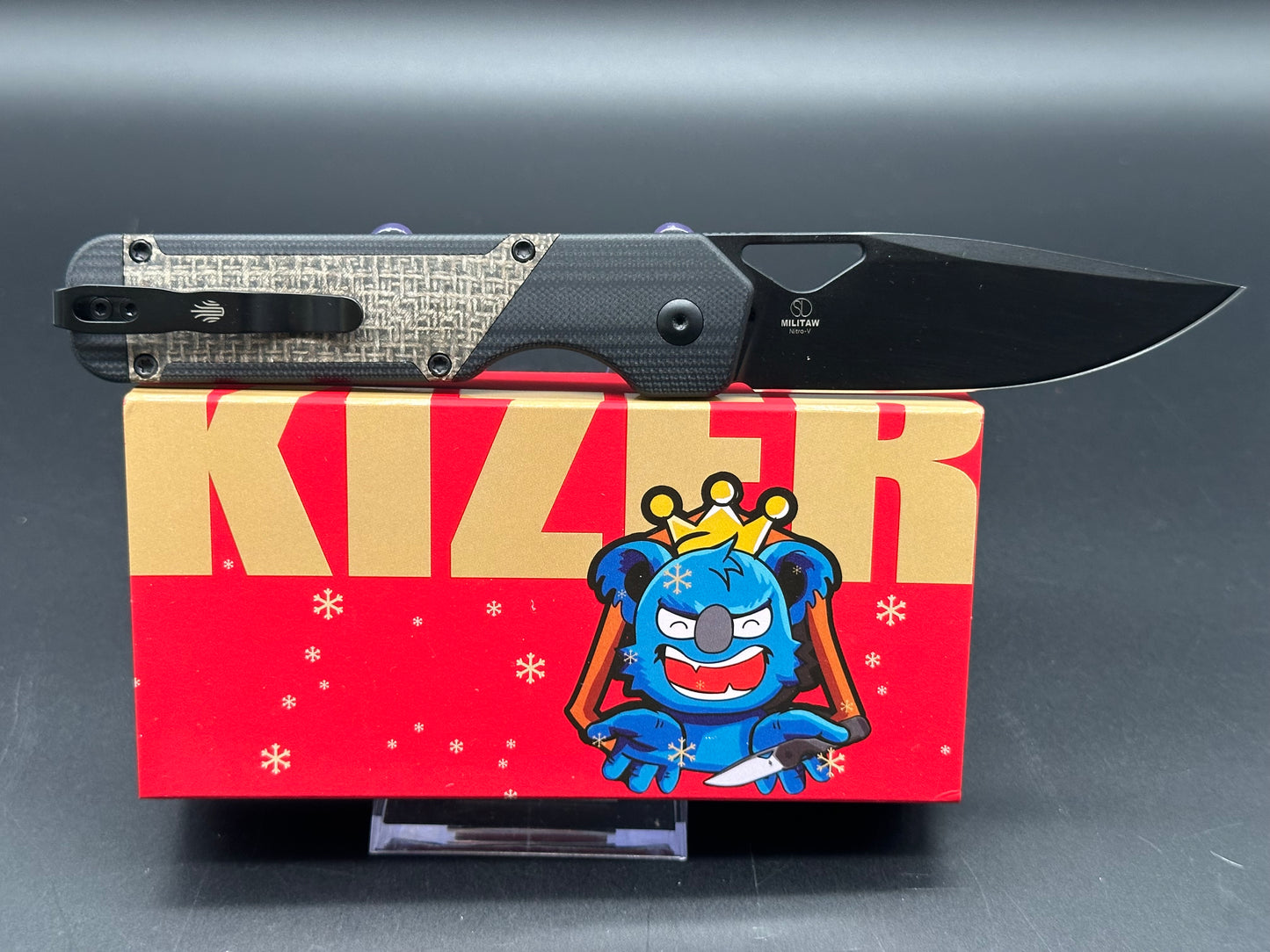 KIZER MILITAW BLACK G10/MICARTA HANDLE NITRO-V PLAIN BLACK BLADE