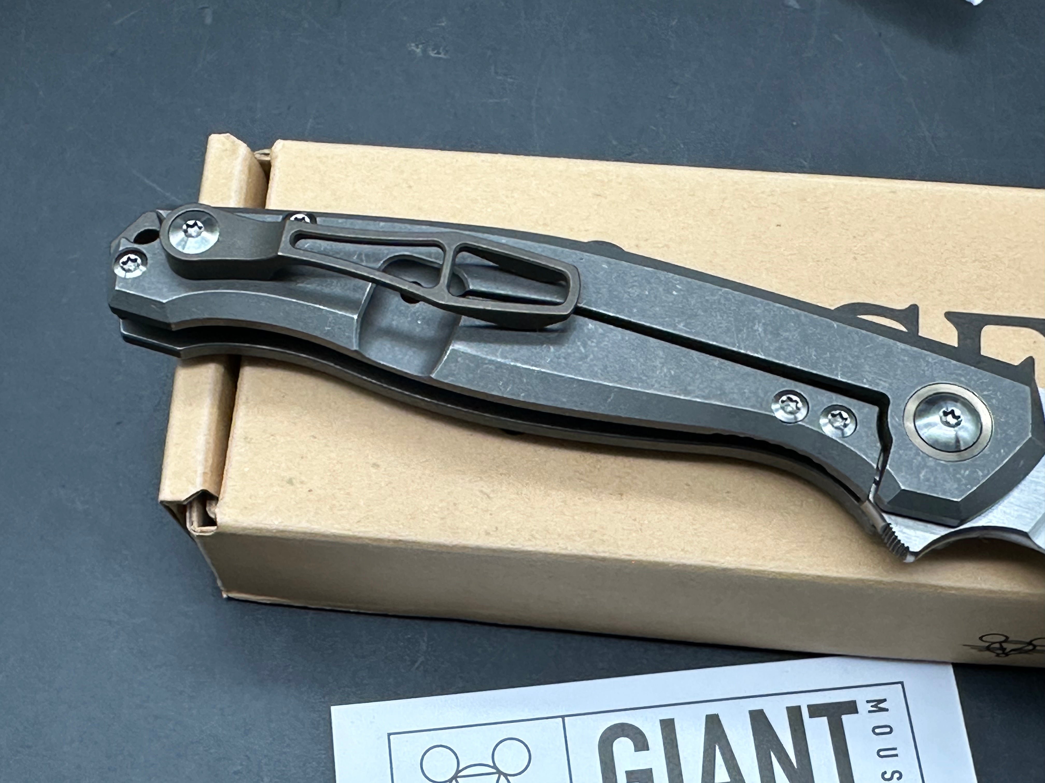 Giant Mouse Sonoma 3.5 inch satin, drop point M390 blade. Titanium stonewashed handles