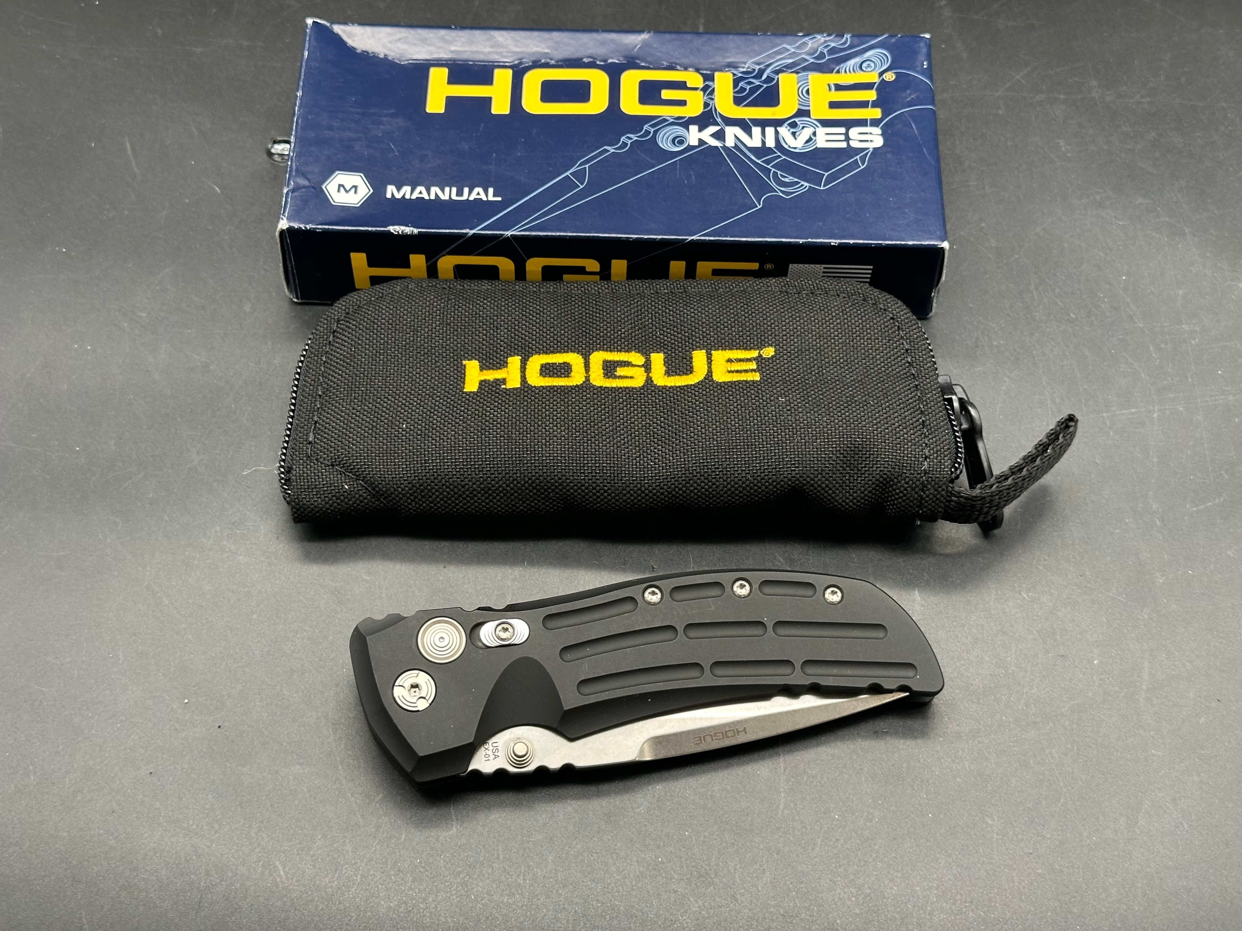 Hogue EX-01  Allen Elishewitz design. 4 inch drop point, tumbled finish 154CM blade. Black aluminum handle