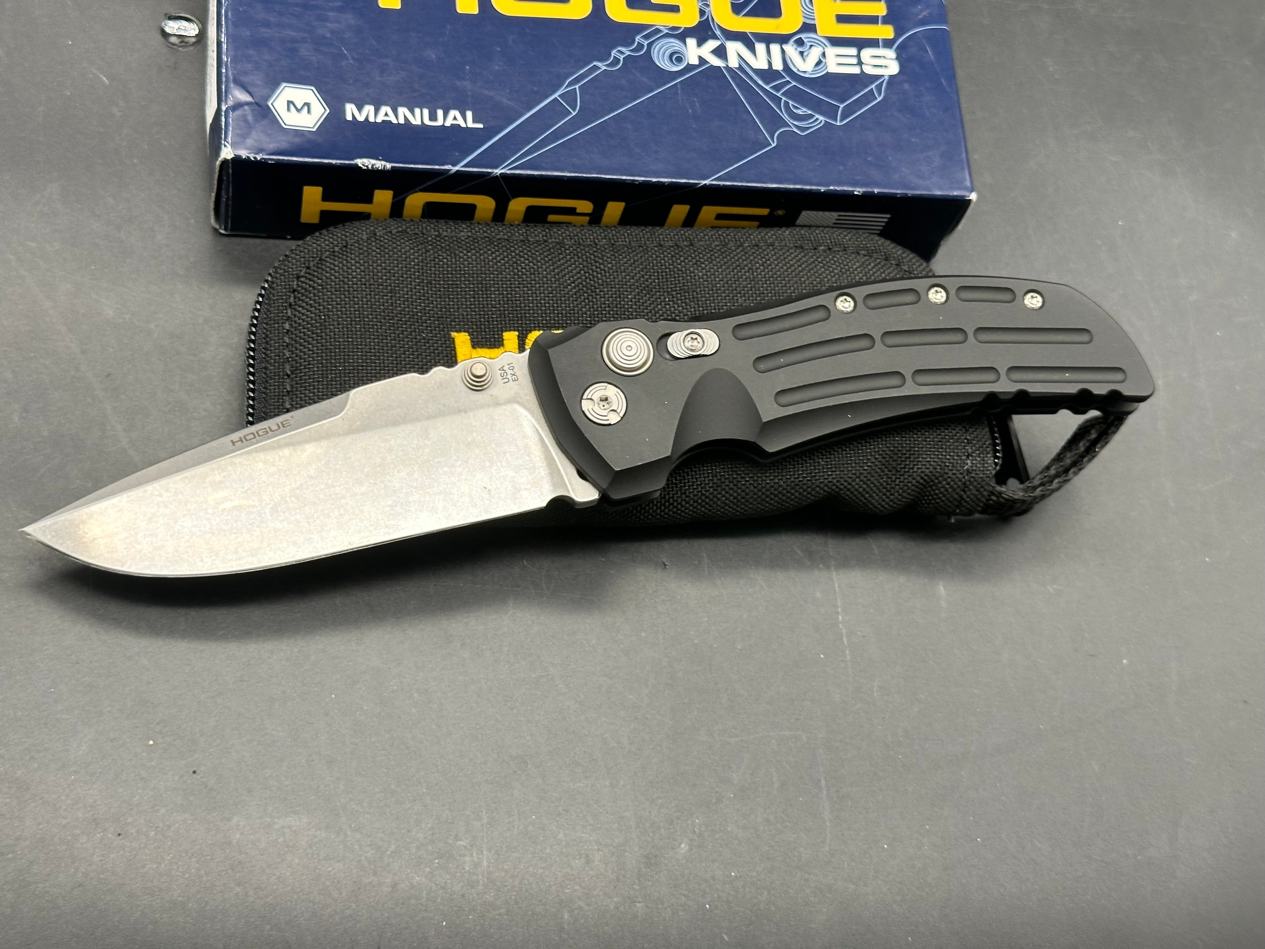 Hogue EX-01  Allen Elishewitz design. 4 inch drop point, tumbled finish 154CM blade. Black aluminum handle