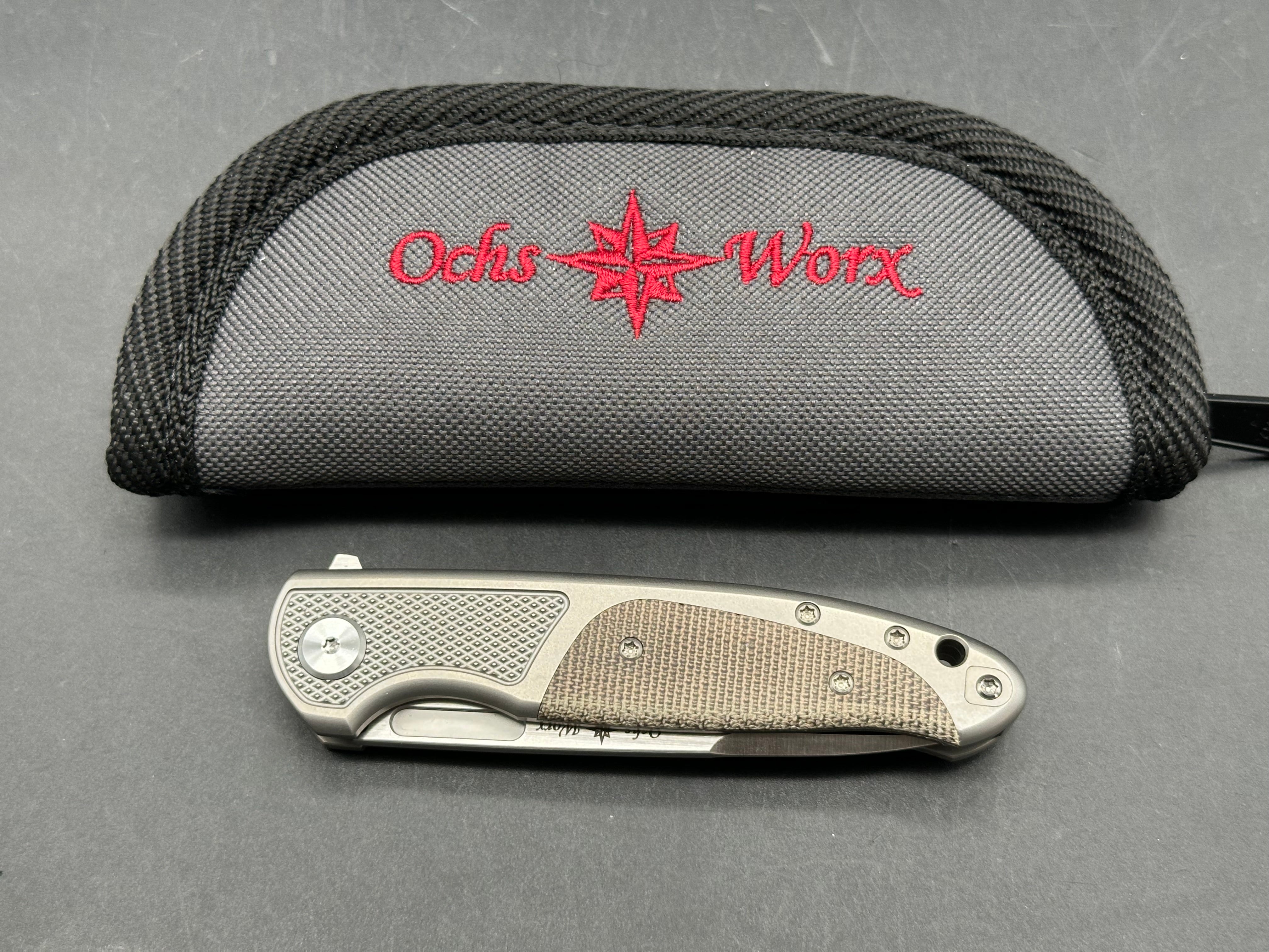 Ochs Worx Osprey EDX. Designed by Eric Ochs, 3.25 inch hollow grind, satin finish Bohler M390 two tone blade