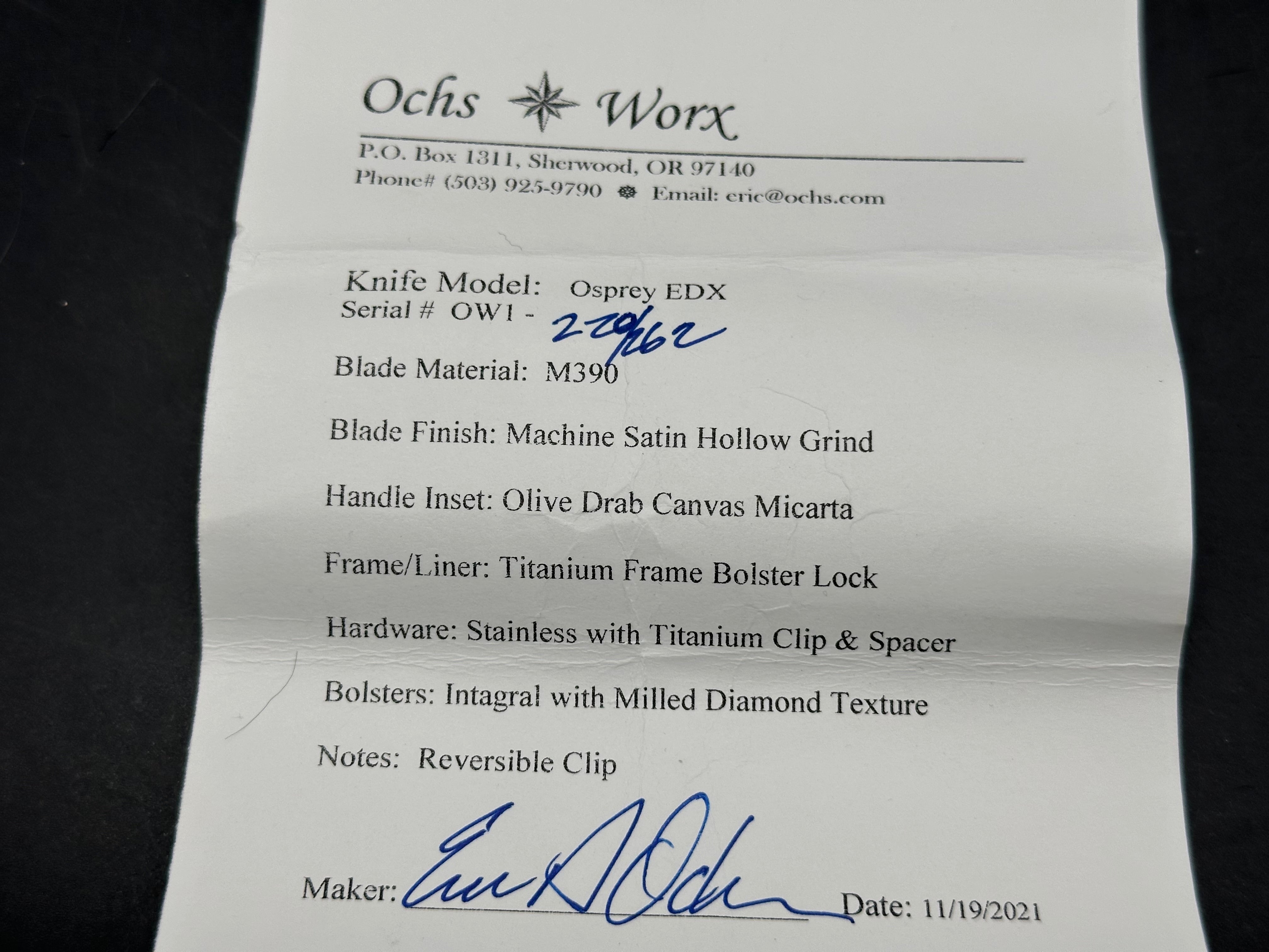 Ochs Worx Osprey EDX. Designed by Eric Ochs, 3.25 inch hollow grind, satin finish Bohler M390 two tone blade