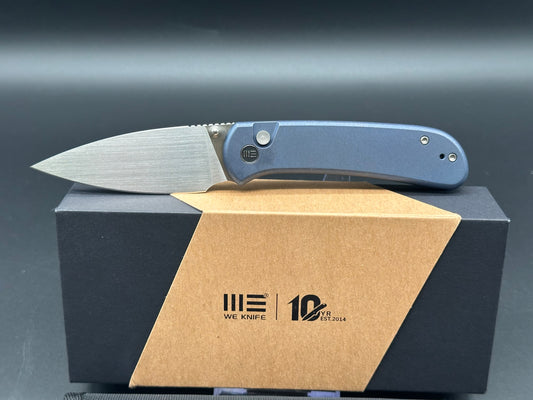 WE Qubit, 3.2" CPM 20CV Satin Drop Point Blade with Blue Stonewash Titanium handle