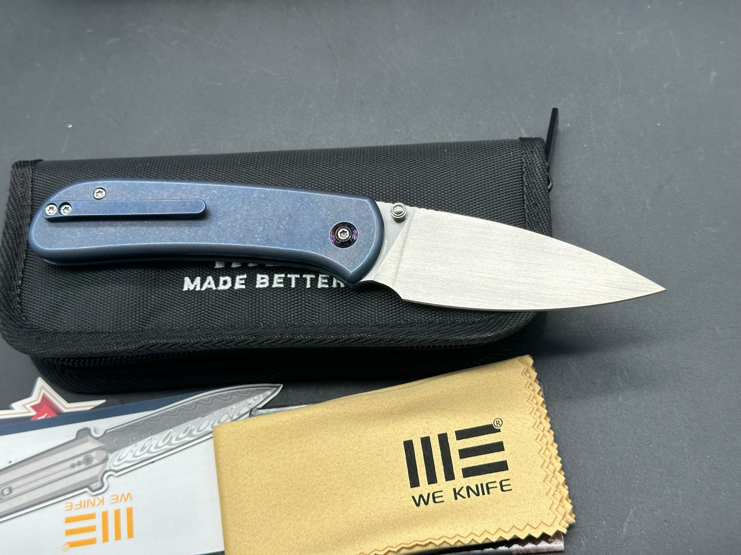 WE Qubit, 3.2" CPM 20CV Satin Drop Point Blade with Blue Stonewash Titanium handle