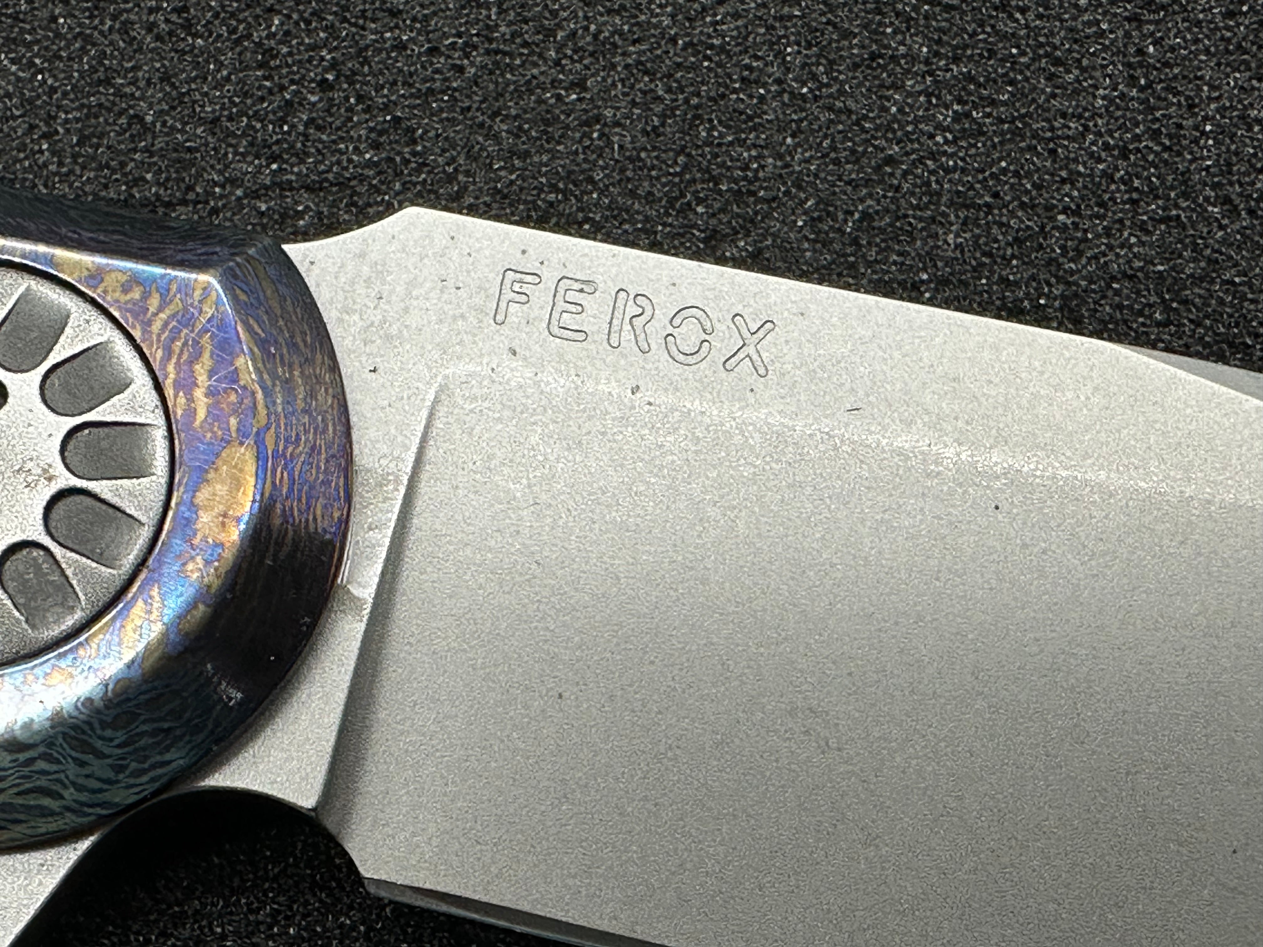 Gudy Van Poppel Ferox 3.5 inch acid washed clip point N360 blade Milled Timascus frame