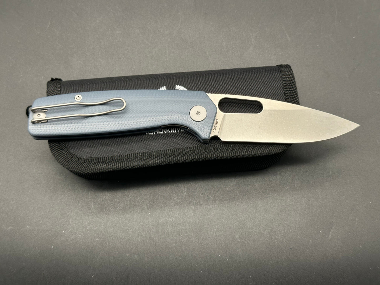 Asher Spiro G10 (NEW), 3.2" 20CV Stonewash Blade Steel Blue G10 Handle