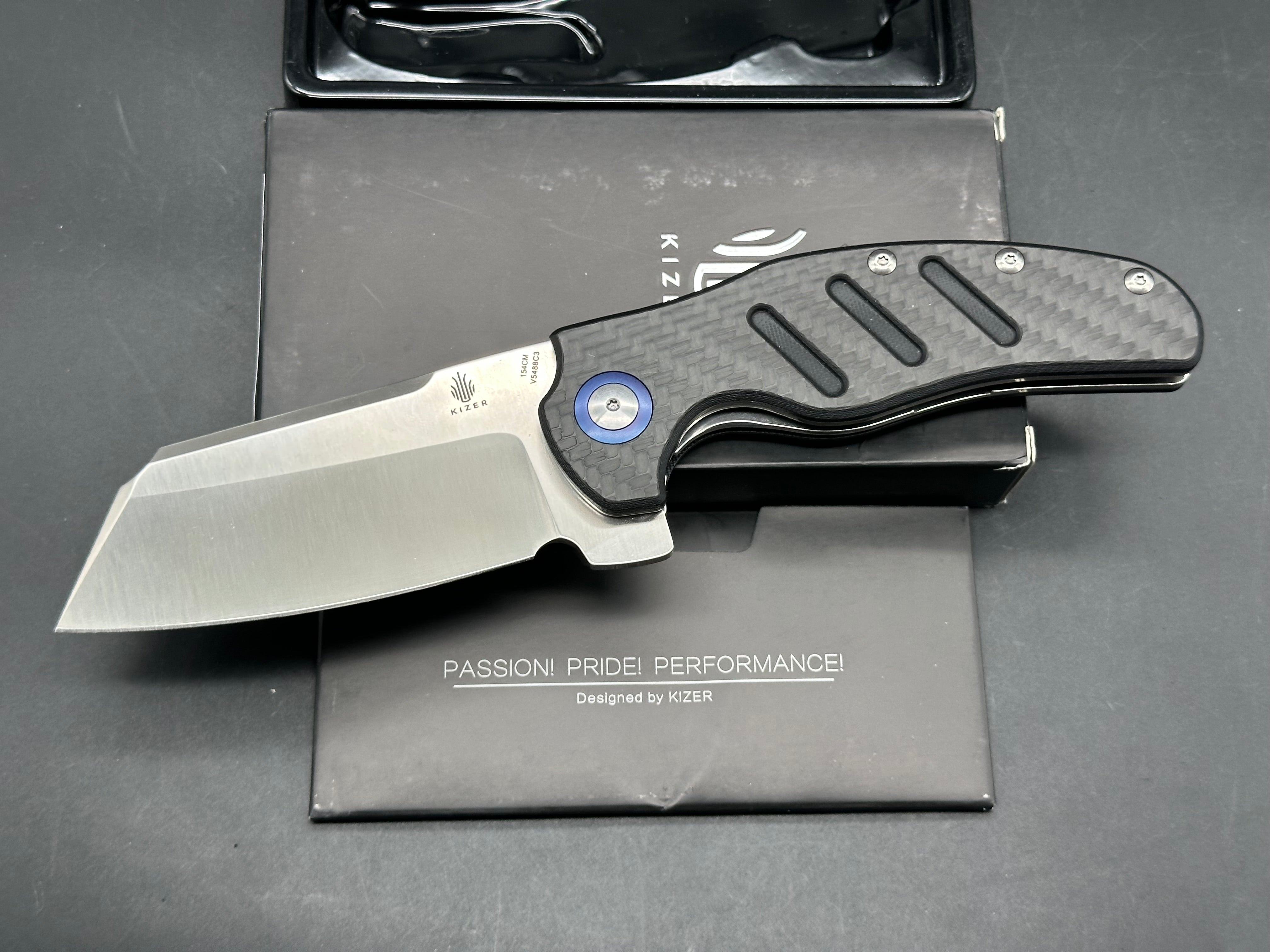 Kizer Sheepdog XL 4 inch satin sheepsfoot 154CM blade. Titanium and carbon fiber handle