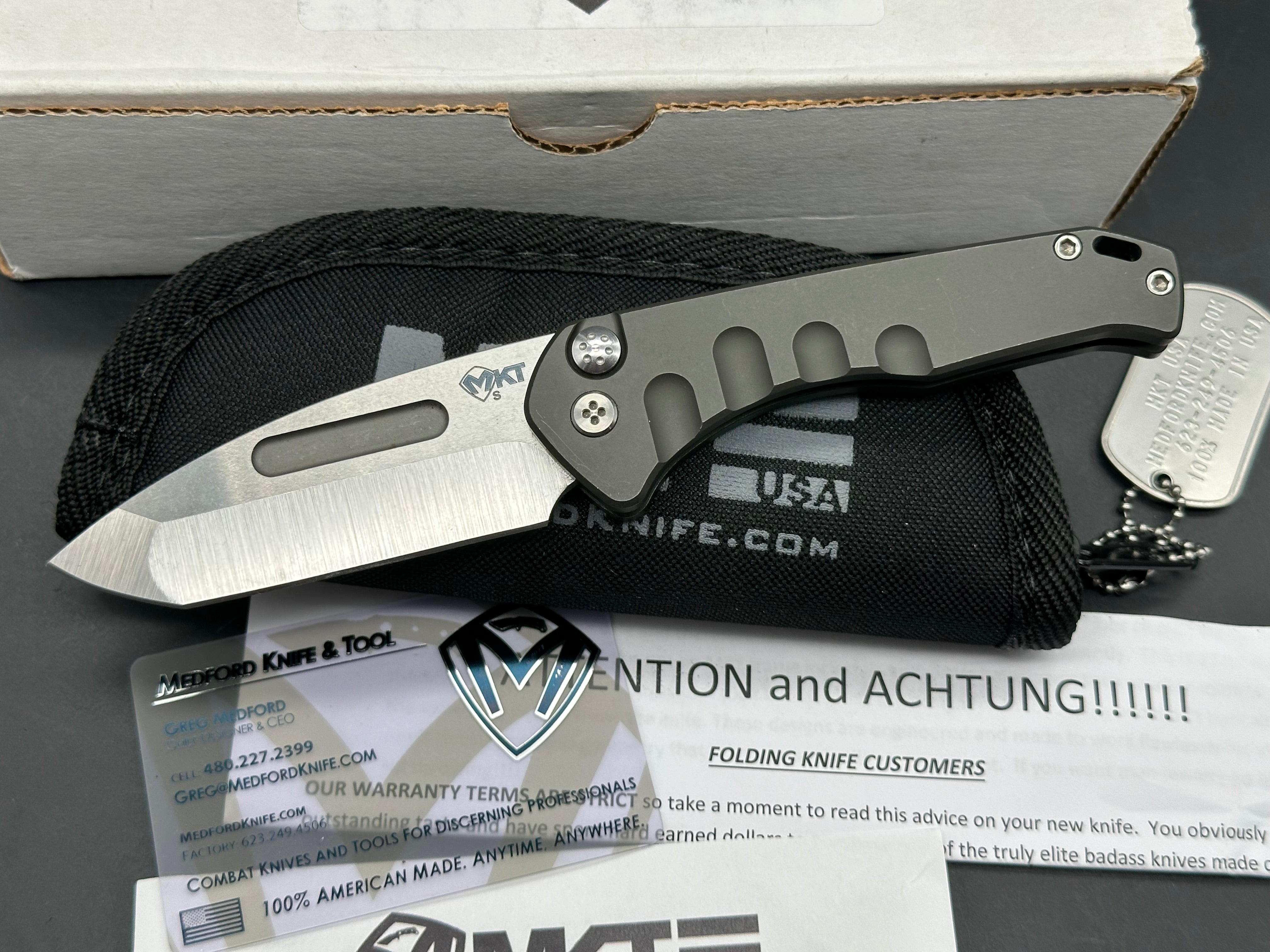 Medford Knife and Tool Praetorian Swift Auto 3.25 inch tumbled, drop point CPM-S35VN blade with large fullers