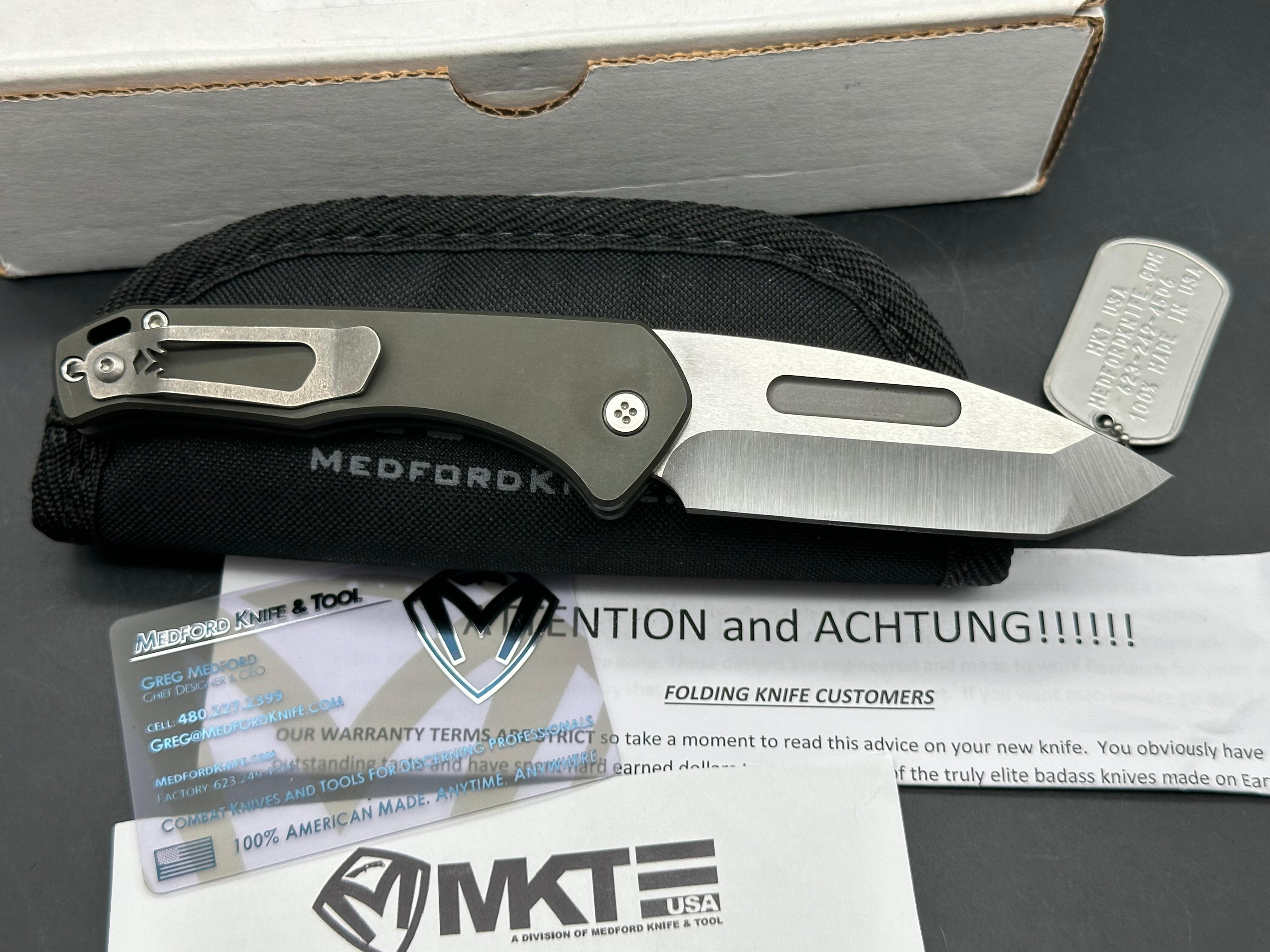 Medford Knife and Tool Praetorian Swift Auto 3.25 inch tumbled, drop point CPM-S35VN blade with large fullers
