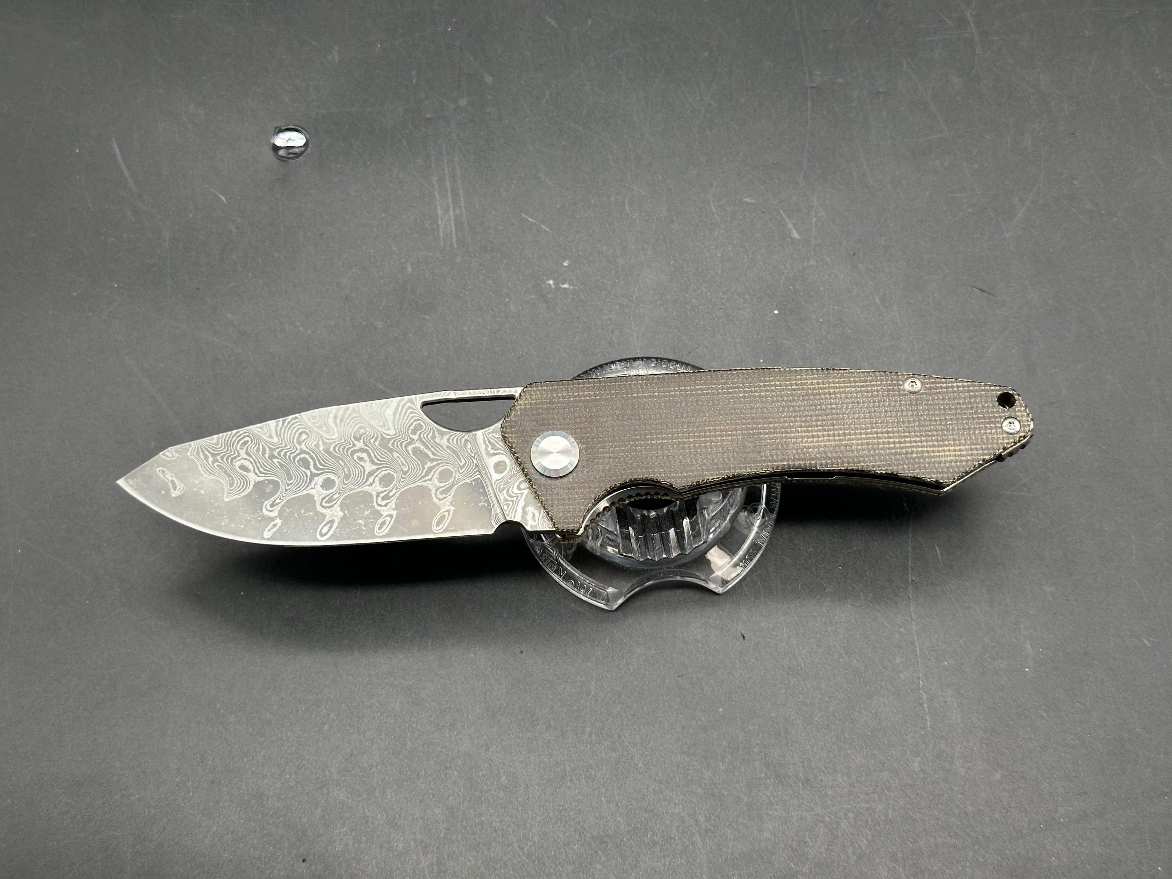 PMP Knives Spartan 3.25 inch stonewashed Bohler N690 Damascus blade. Micarta scales
