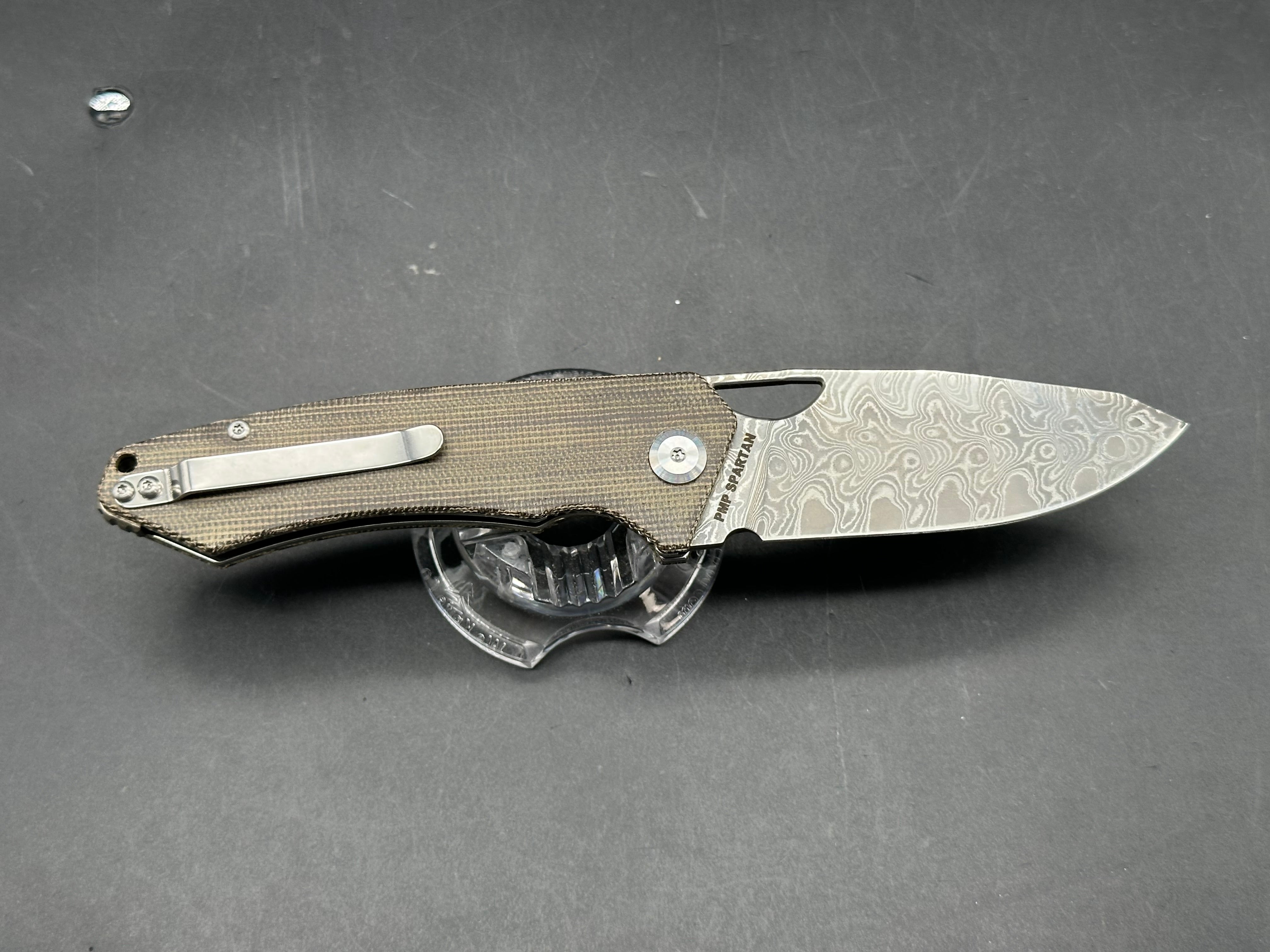 PMP Knives Spartan 3.25 inch stonewashed Bohler N690 Damascus blade. Micarta scales