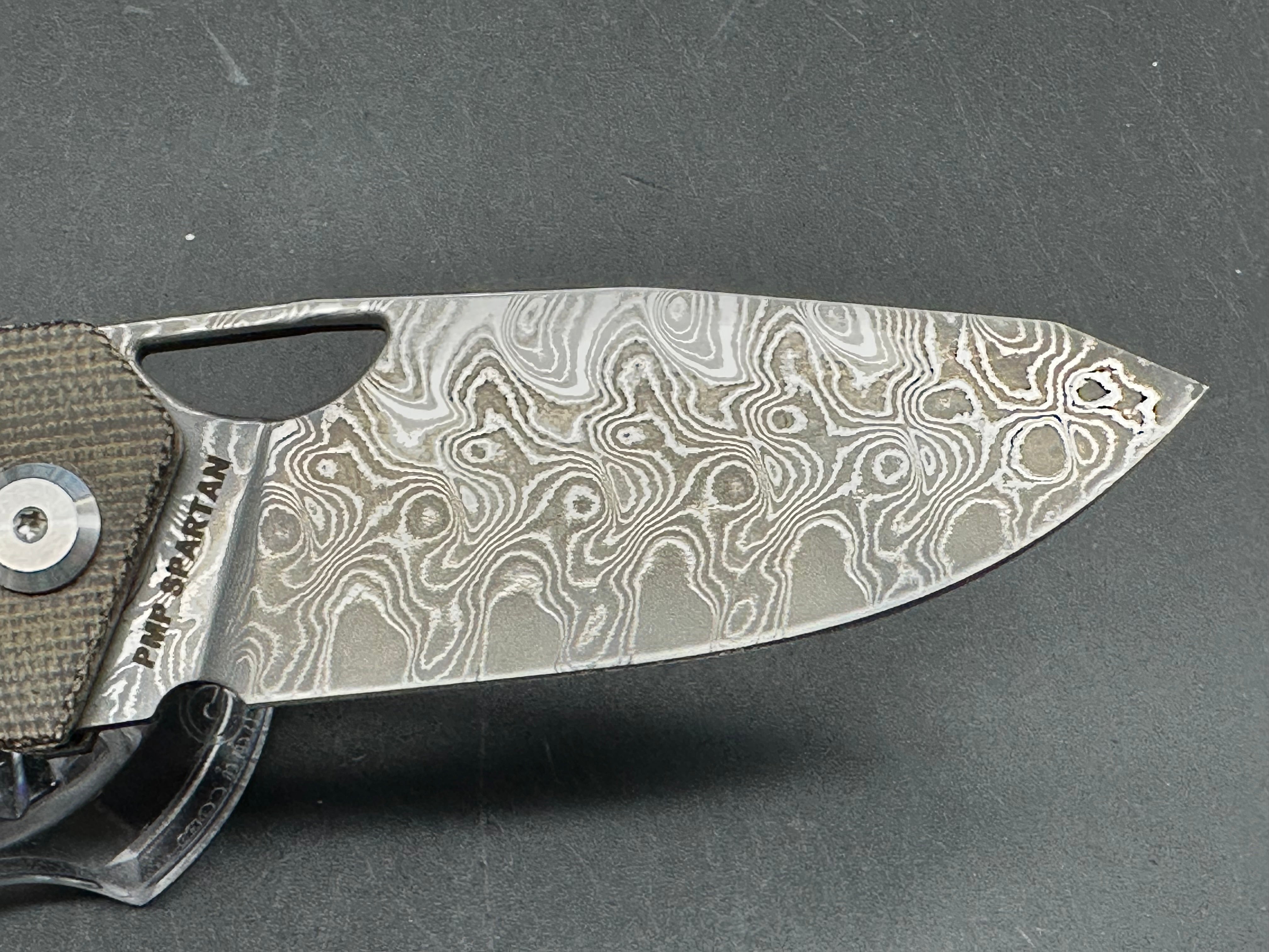 PMP Knives Spartan 3.25 inch stonewashed Bohler N690 Damascus blade. Micarta scales
