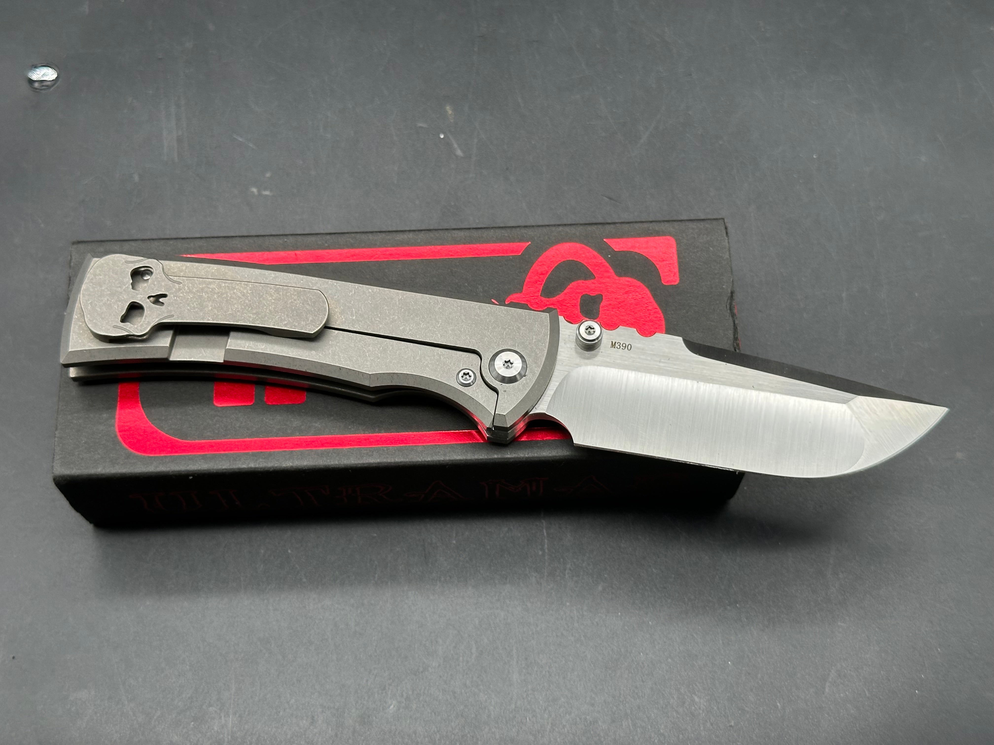 Chaves Redencion 229 3.625 inch drop point, satin finish, stonewashed Bohler M390 blade. Titanium frame
