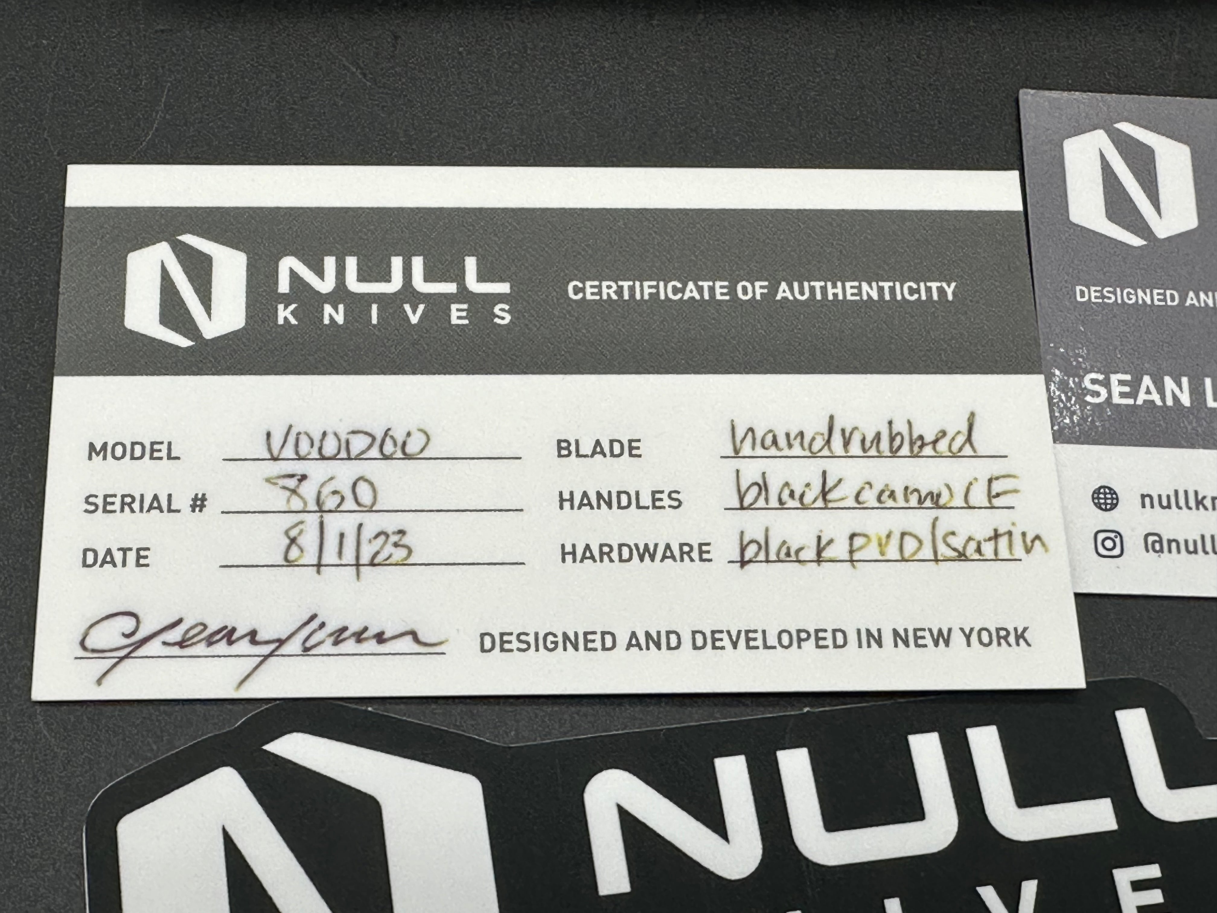 Null Knives Voodoo titanium/CF handles w/Hand satin M390 blade