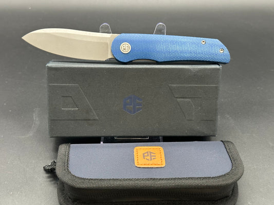 Petrified Fish PFE16 Elcamino N690 Steel Blade, Blue Micarta Handle, Front Flipper