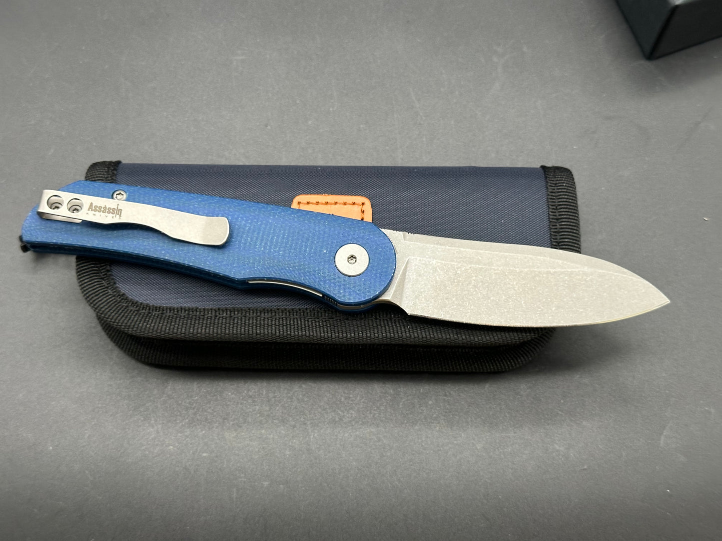 Petrified Fish PFE16 Elcamino N690 Steel Blade, Blue Micarta Handle, Front Flipper