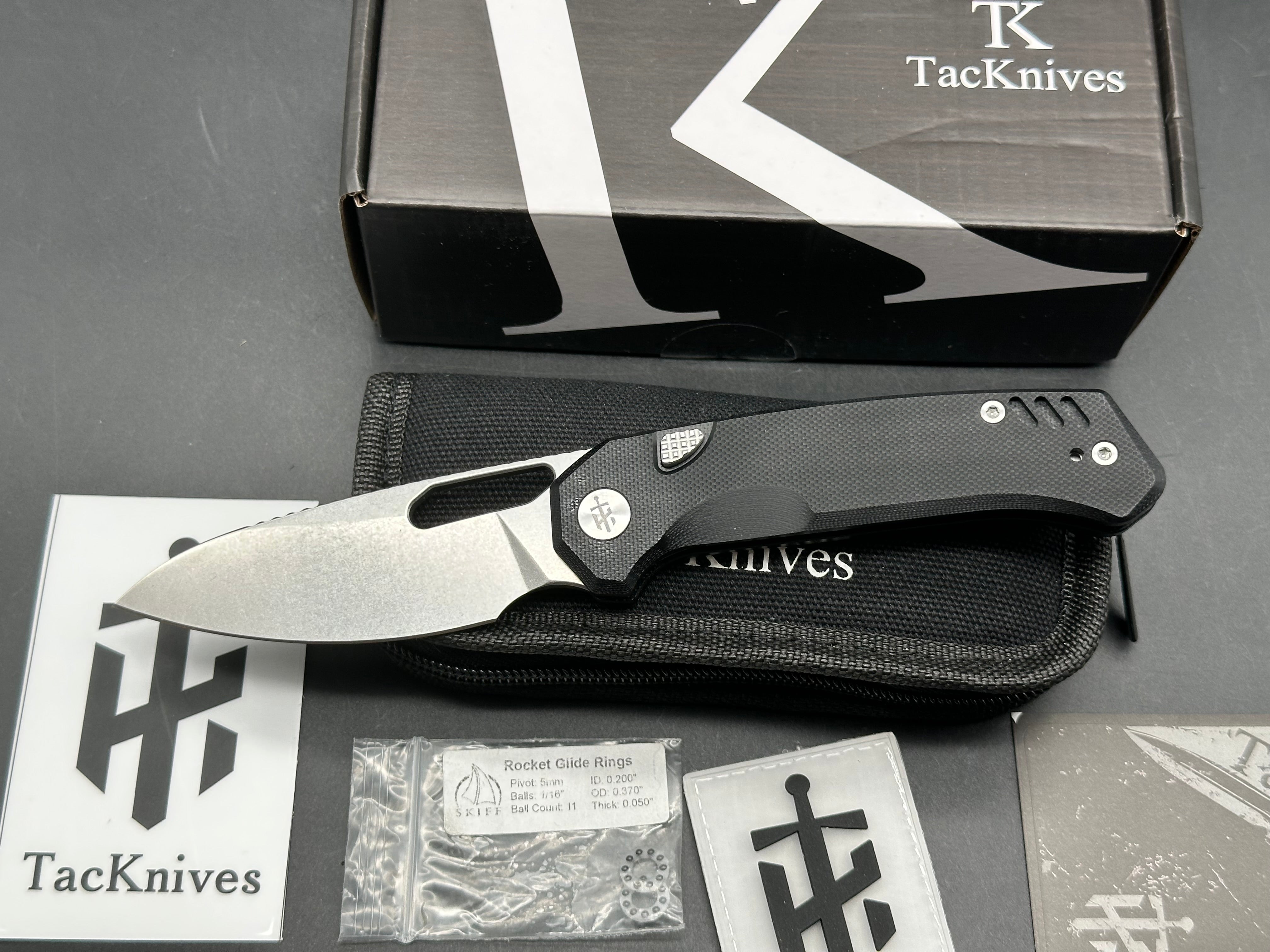 TacKnives SunSPear 3.4" 14C28N Stonewash Blade with Black G10 Scales and Button Liner Lock plus Skiff Bearings Installed