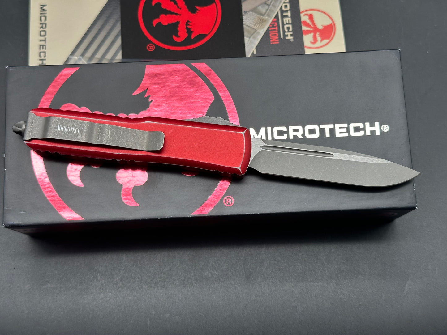 Microtech UTX-85 S/E OTF Automatic Knife Distressed Red Aluminum (3.1" SW)