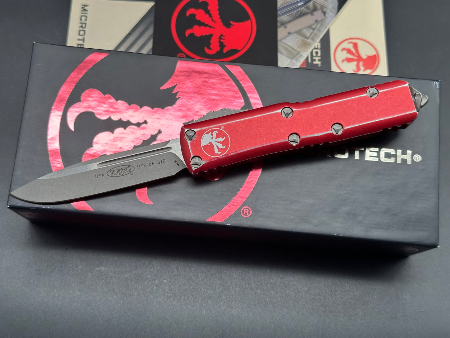 Microtech UTX-85 S/E OTF Automatic Knife Distressed Red Aluminum (3.1" SW)