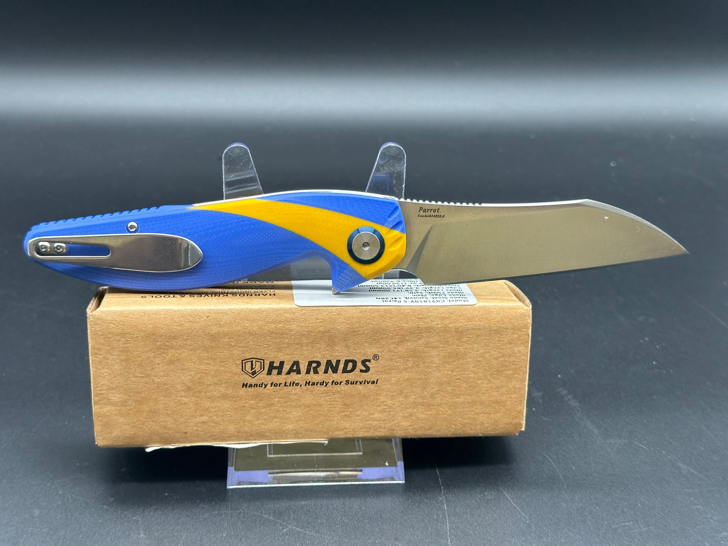 HARNDS PARROT FOLDING KNIFE BLUE/YELLOW G10