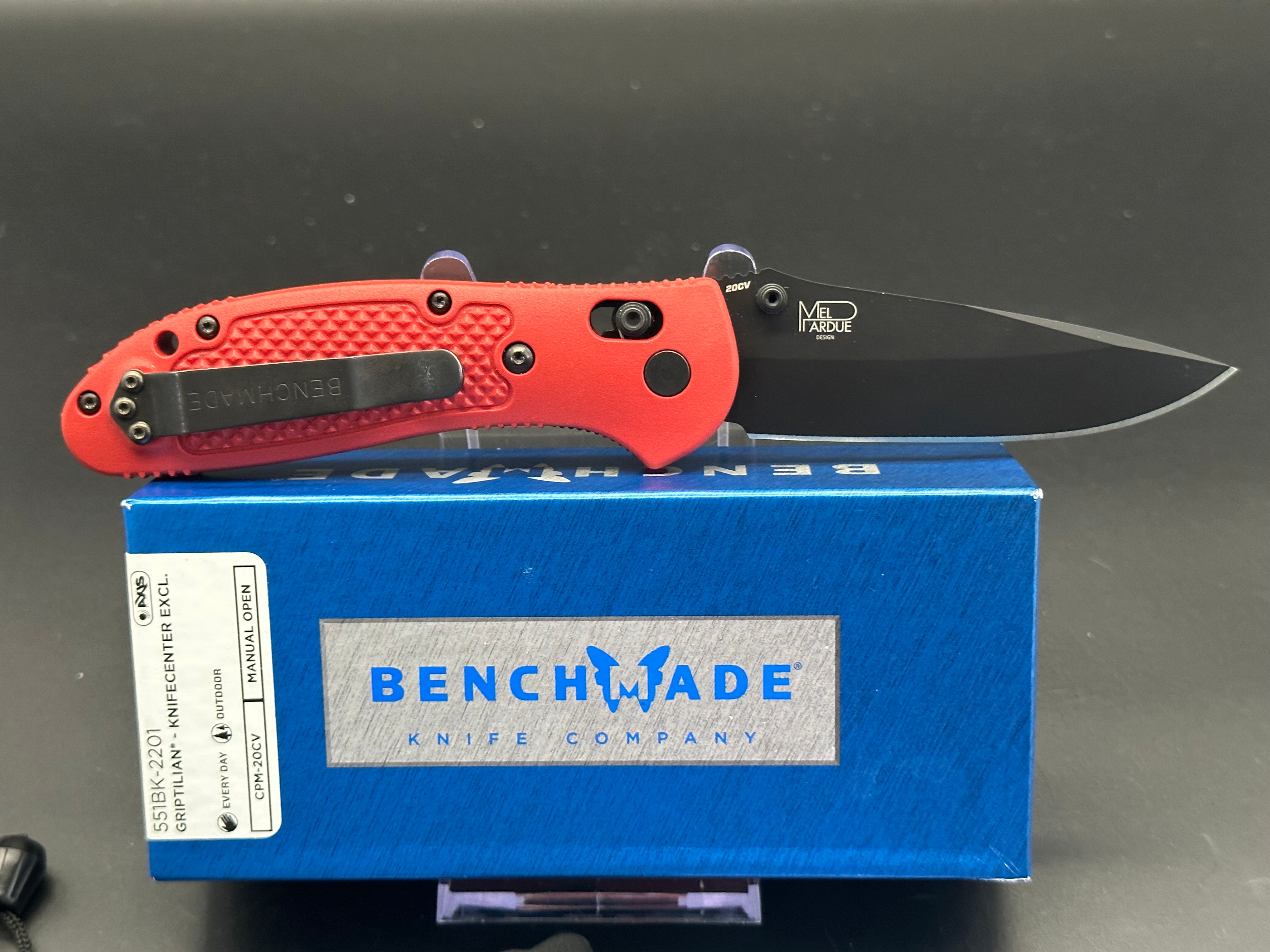 Benchmade griptilian Knife Center Exclusive in 20CV Red GFN handles