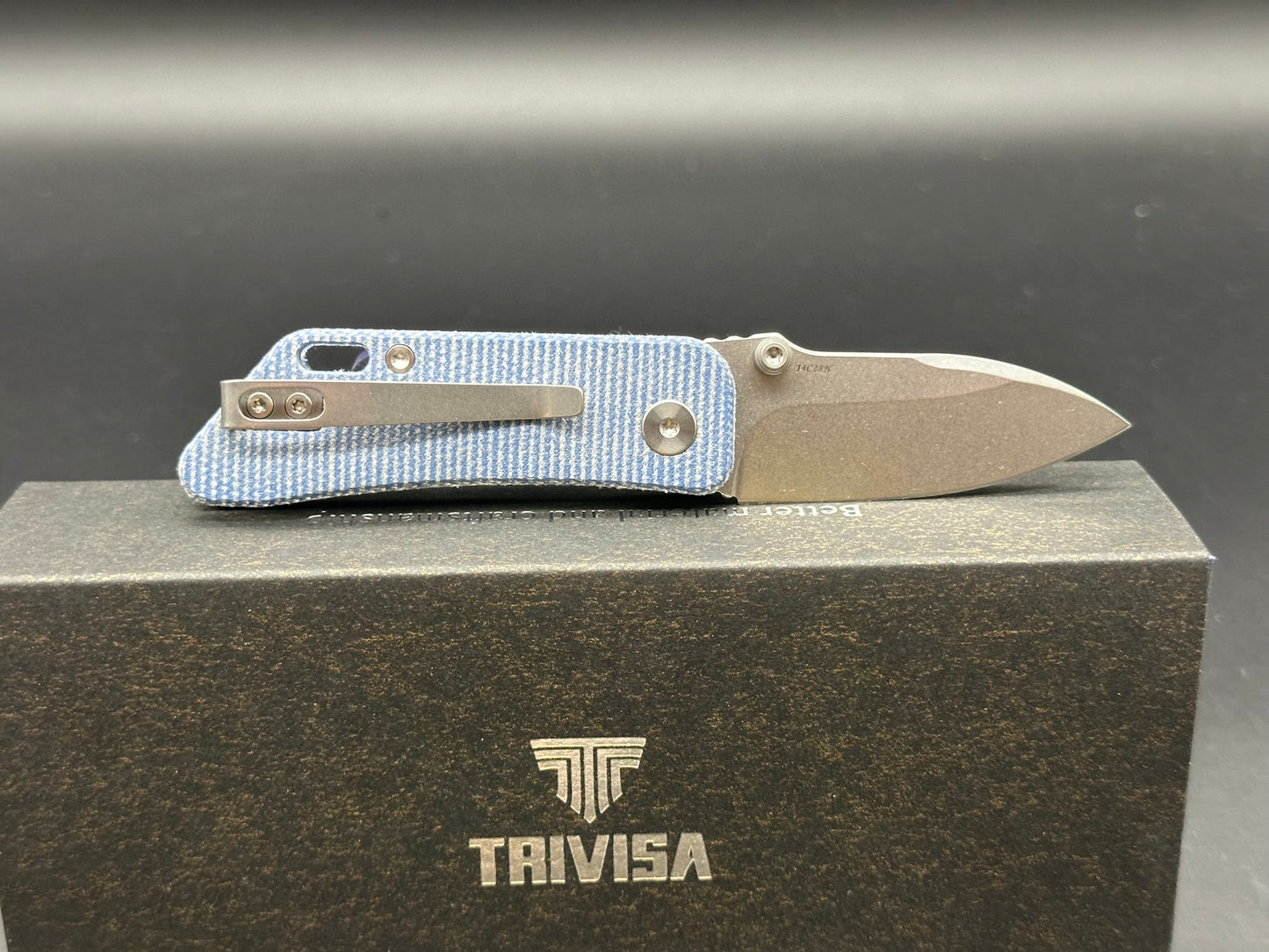 TRIVISA BOOTES-04L FOLDING KNIFE BLUE MICARTA HANDLE 14C28N