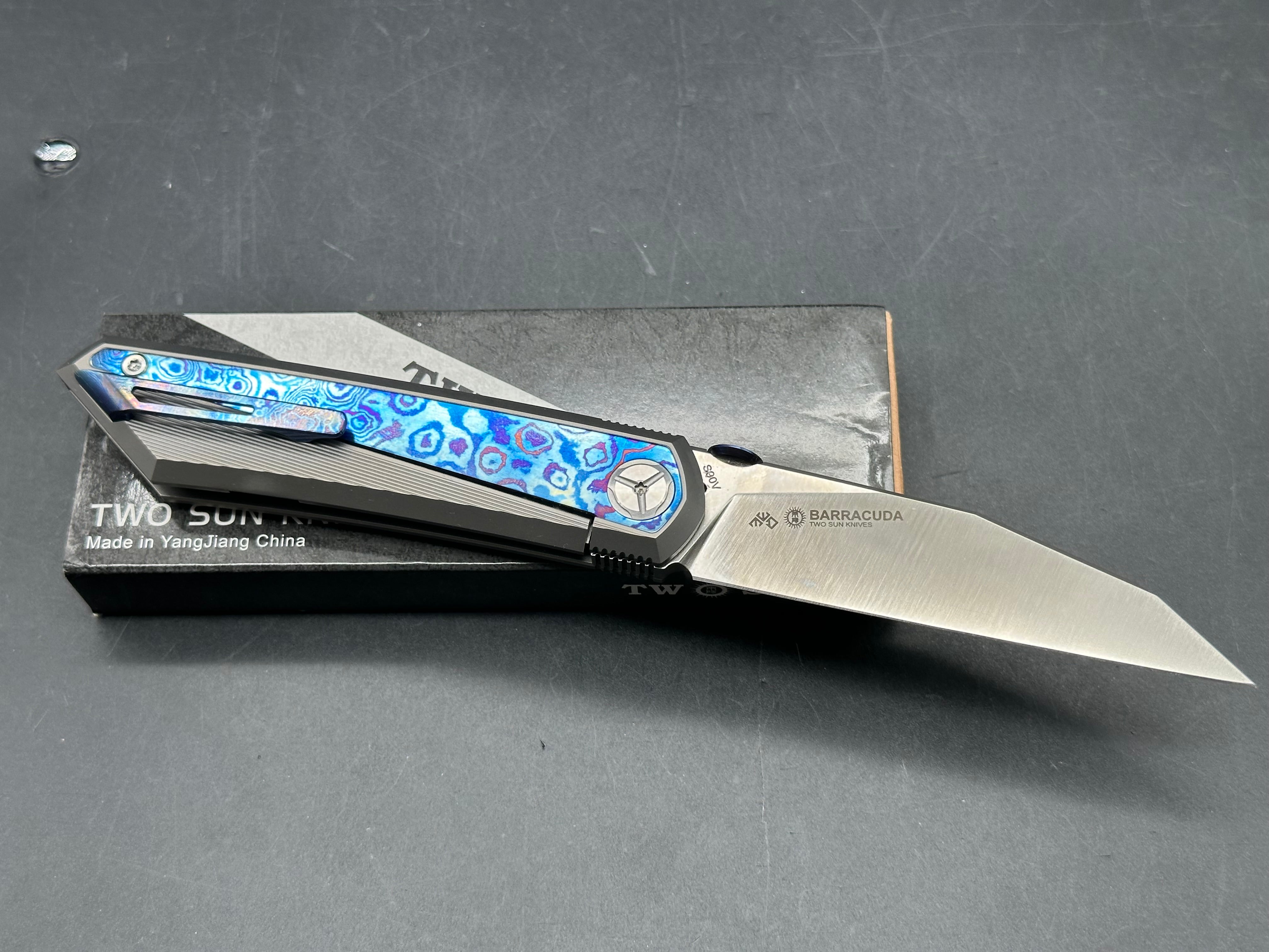 TWOSUN FOLDING KNIFE TITANIUM/TIMASCUS HANDLE S90V PLAIN EDGE SATIN FINISH TS139