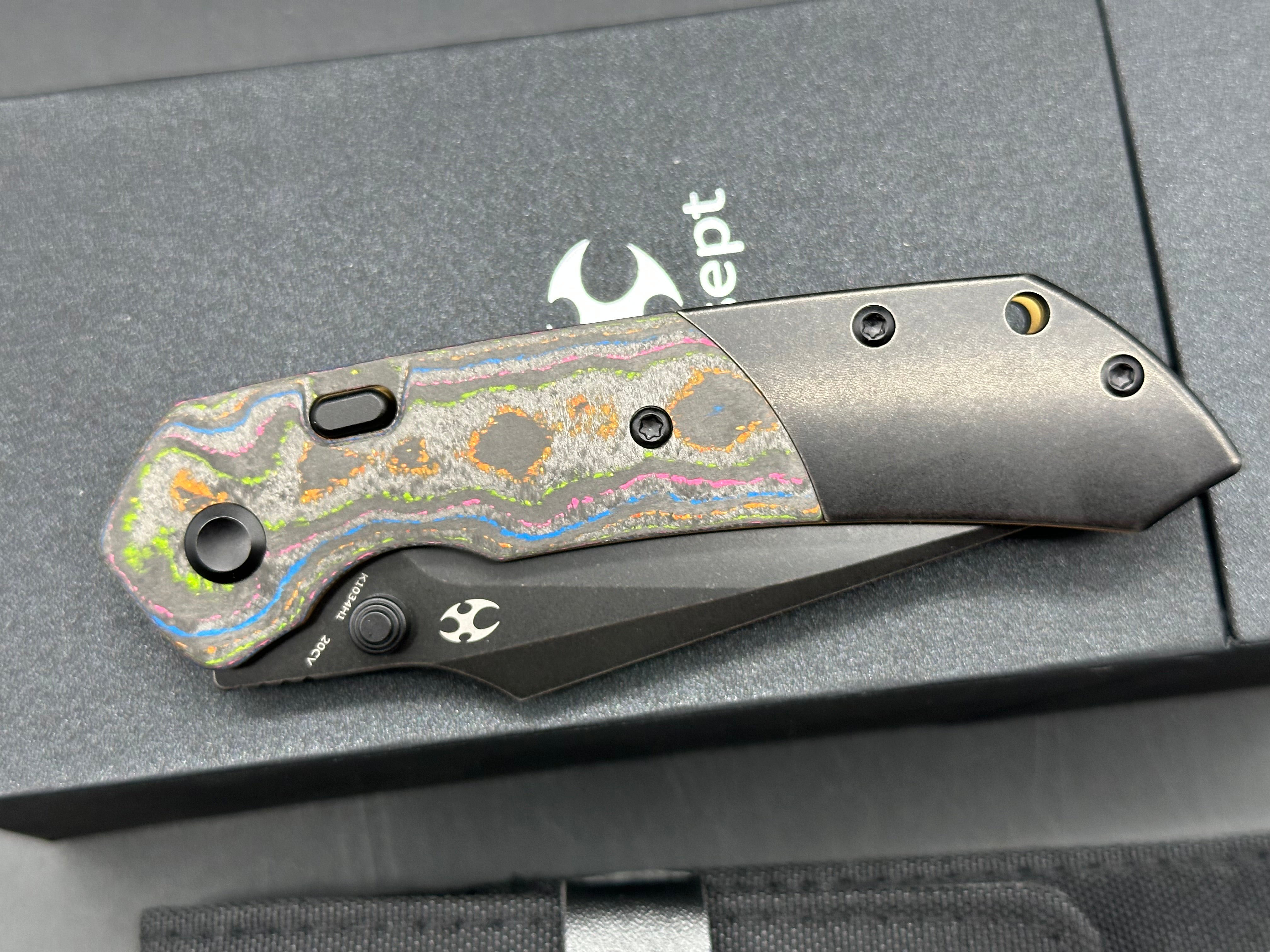 KANSEPT | FENRIR TOP LINER LOCK | 80S CAMO CARBON FIBER & TITANIUM | 3.4" BLACKWASH CPM 20CV