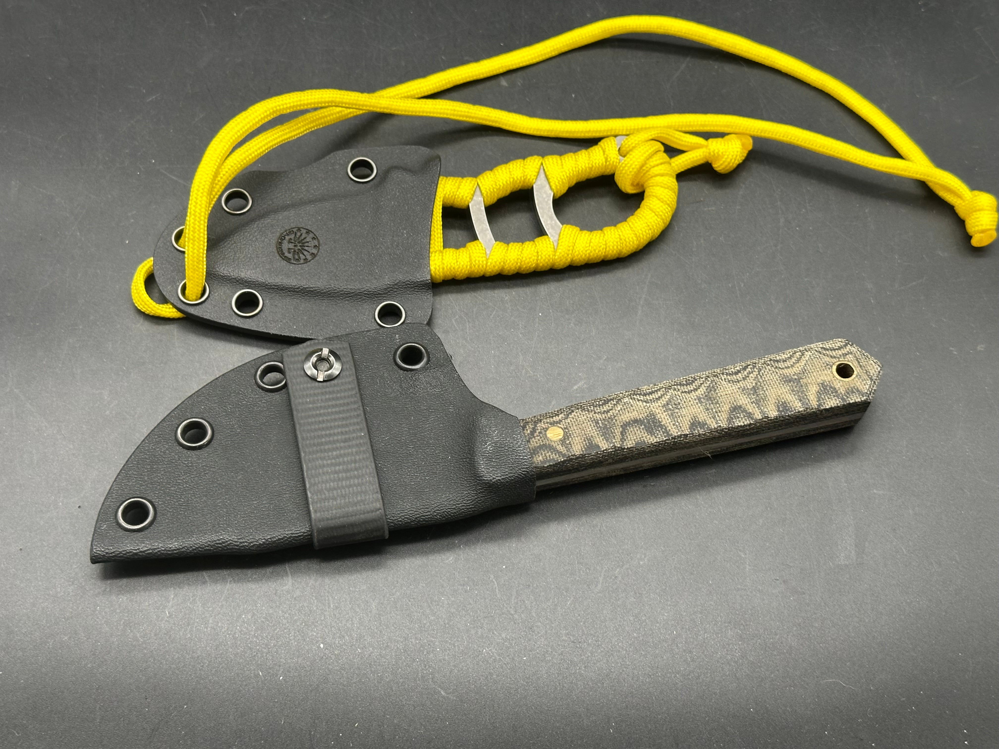 Charles Jones Blades Bonepicker in 3V steel with black micarta handles & Off Grid Knives All Day Fixie Neck knife in D2