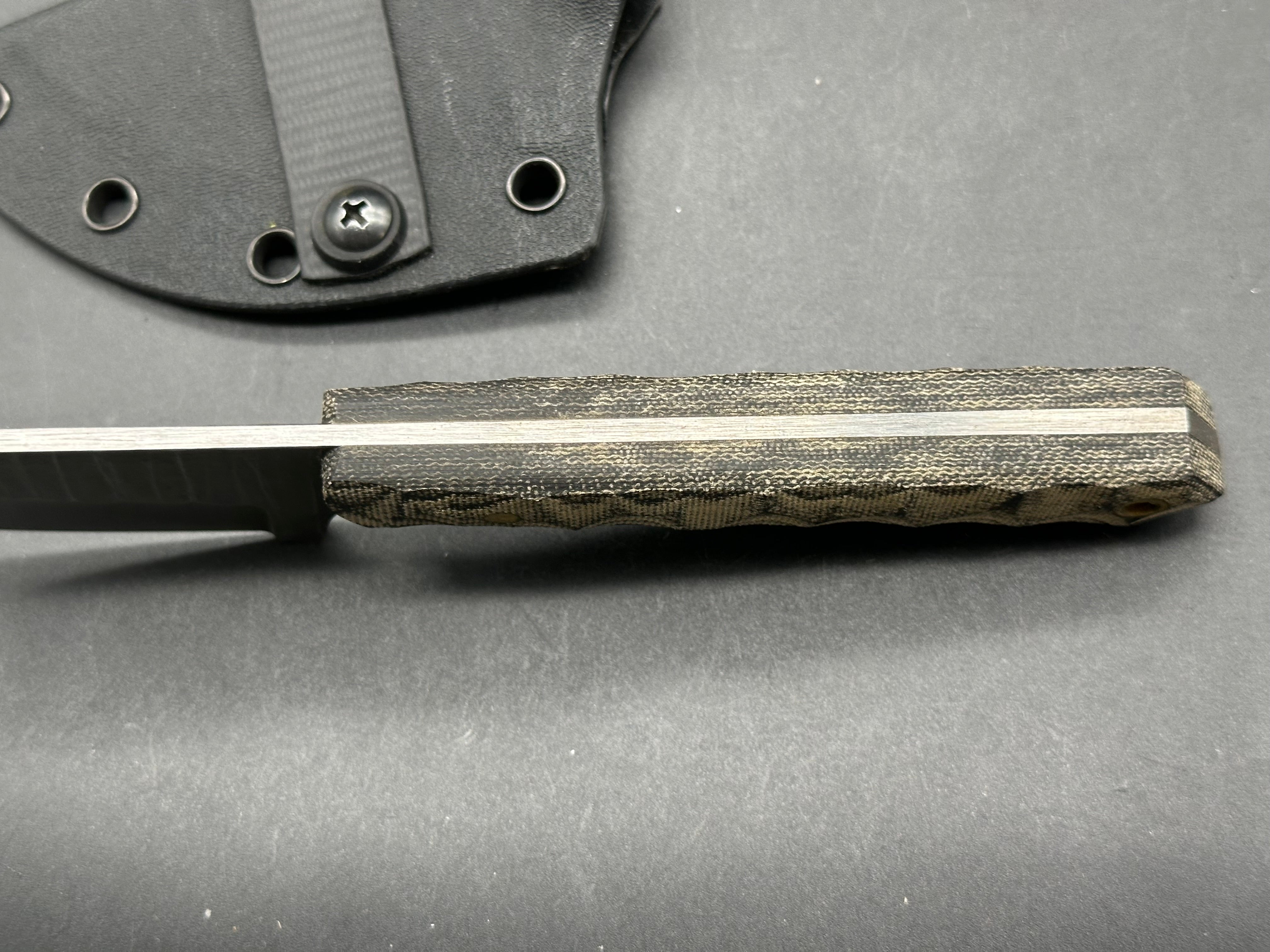 Charles Jones Blades Bonepicker in 3V steel with black micarta handles & Off Grid Knives All Day Fixie Neck knife in D2