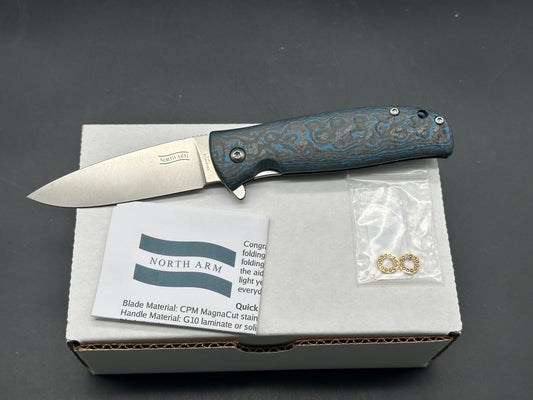 North Arm Skaha II, 3.34” Polished Stonewash MagnaCut Drop Point Blade with Arctic Storm Fat Carbon Handle (Serial #3481)