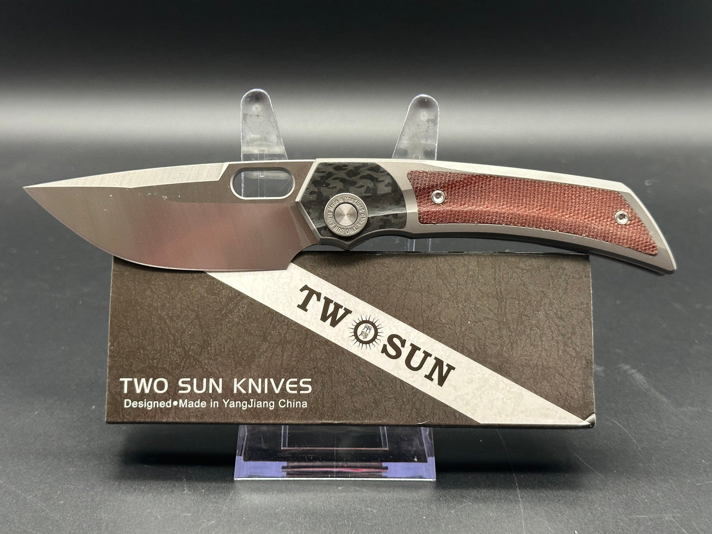 TWOSUN FOLDING KNIFE Integral BROWN MICARTA/CARBON FIBER HANDLE M390 TS142-M390