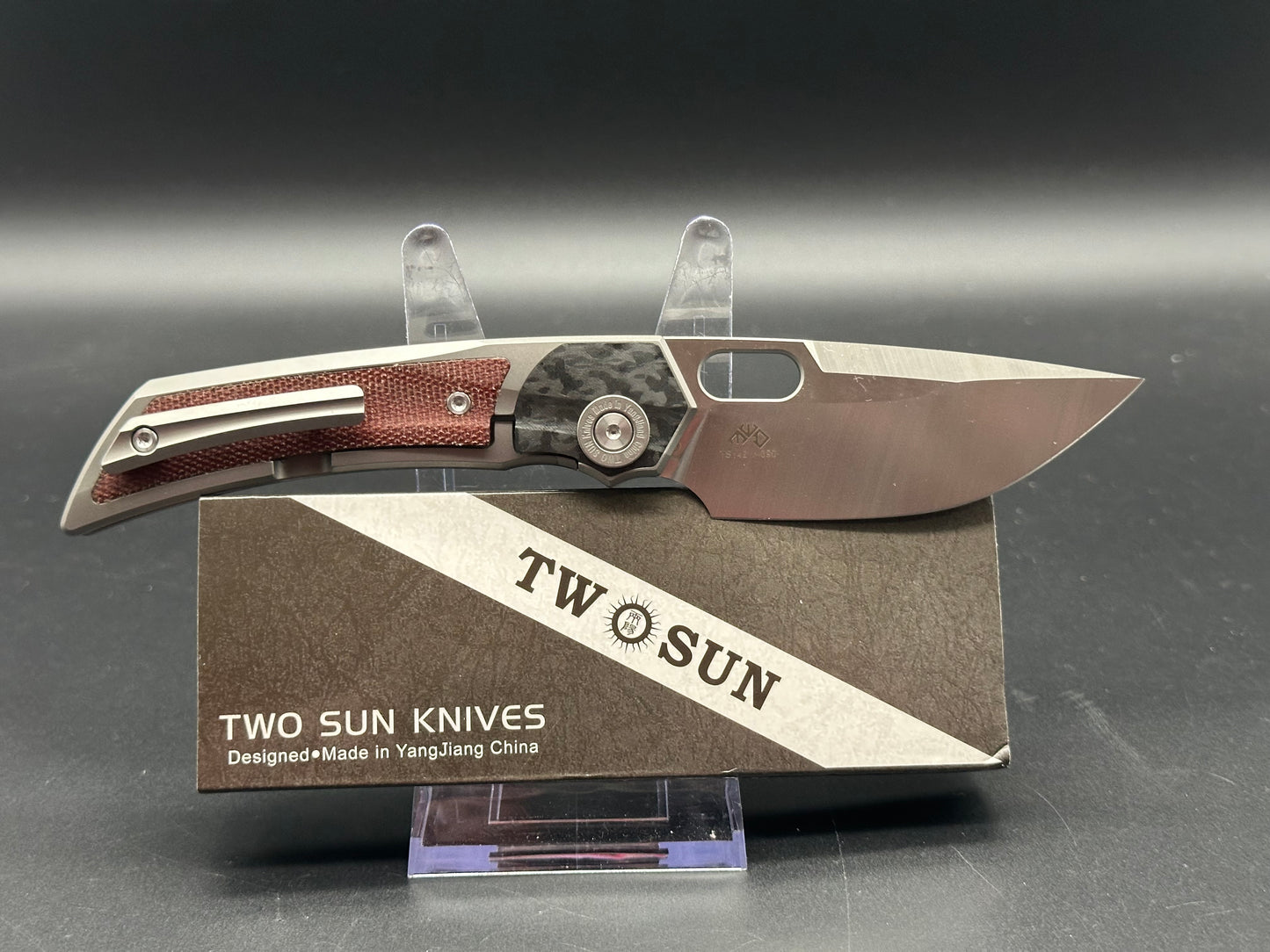 TWOSUN FOLDING KNIFE Integral BROWN MICARTA/CARBON FIBER HANDLE M390 TS142-M390