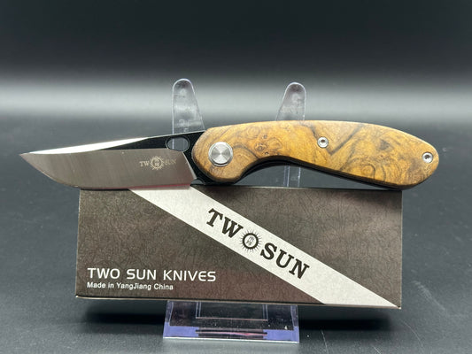 TWOSUN TEPE FOLDING KNIFE BURL WOOD HANDLE 14C28N PLAIN EDGE TS180-WOOD