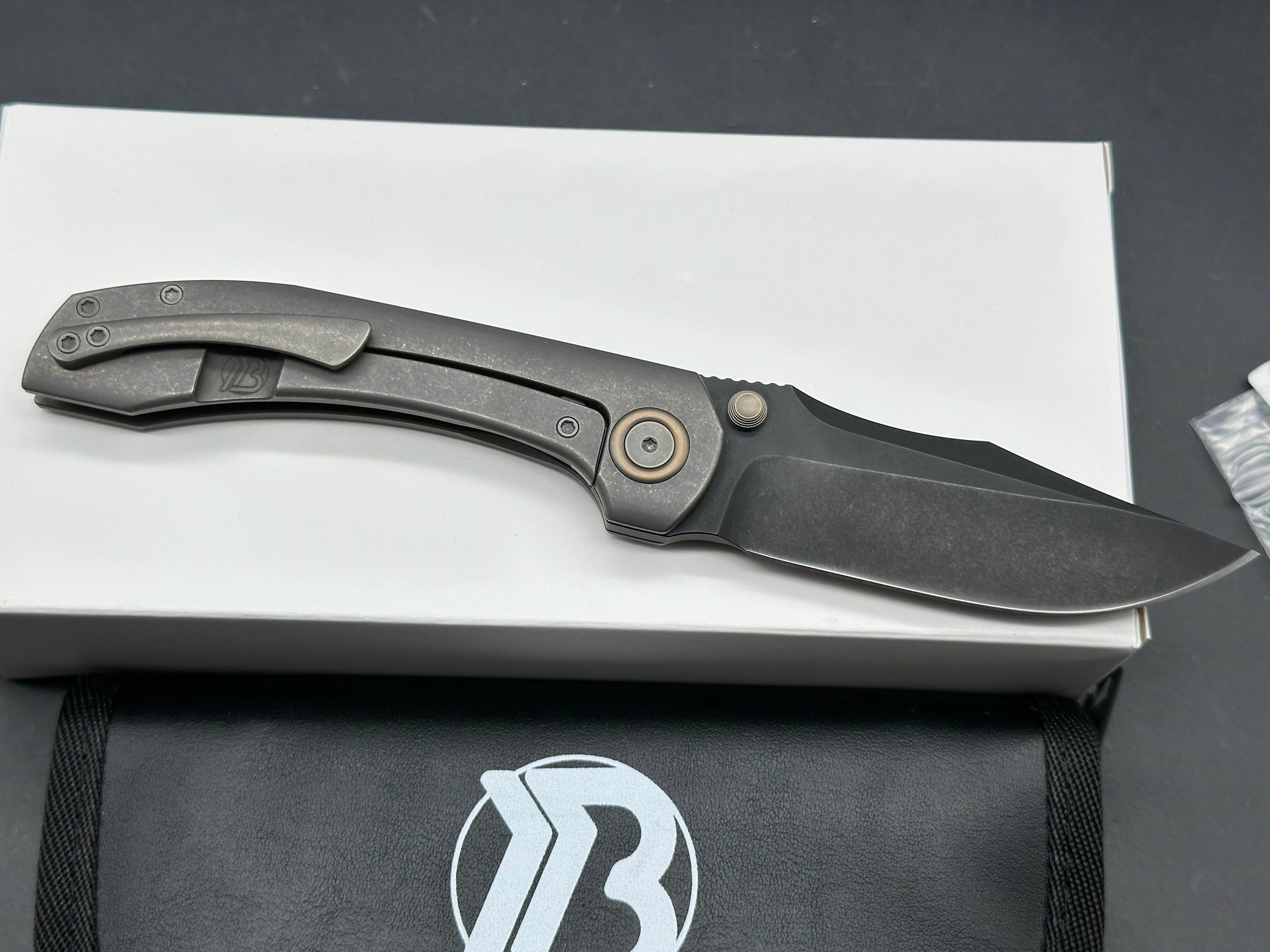 Brian Brown BBK Raptor V1, Black Stonewashed PVD M390 Blade, Dark Blasted and Tumbled Titanium Handles