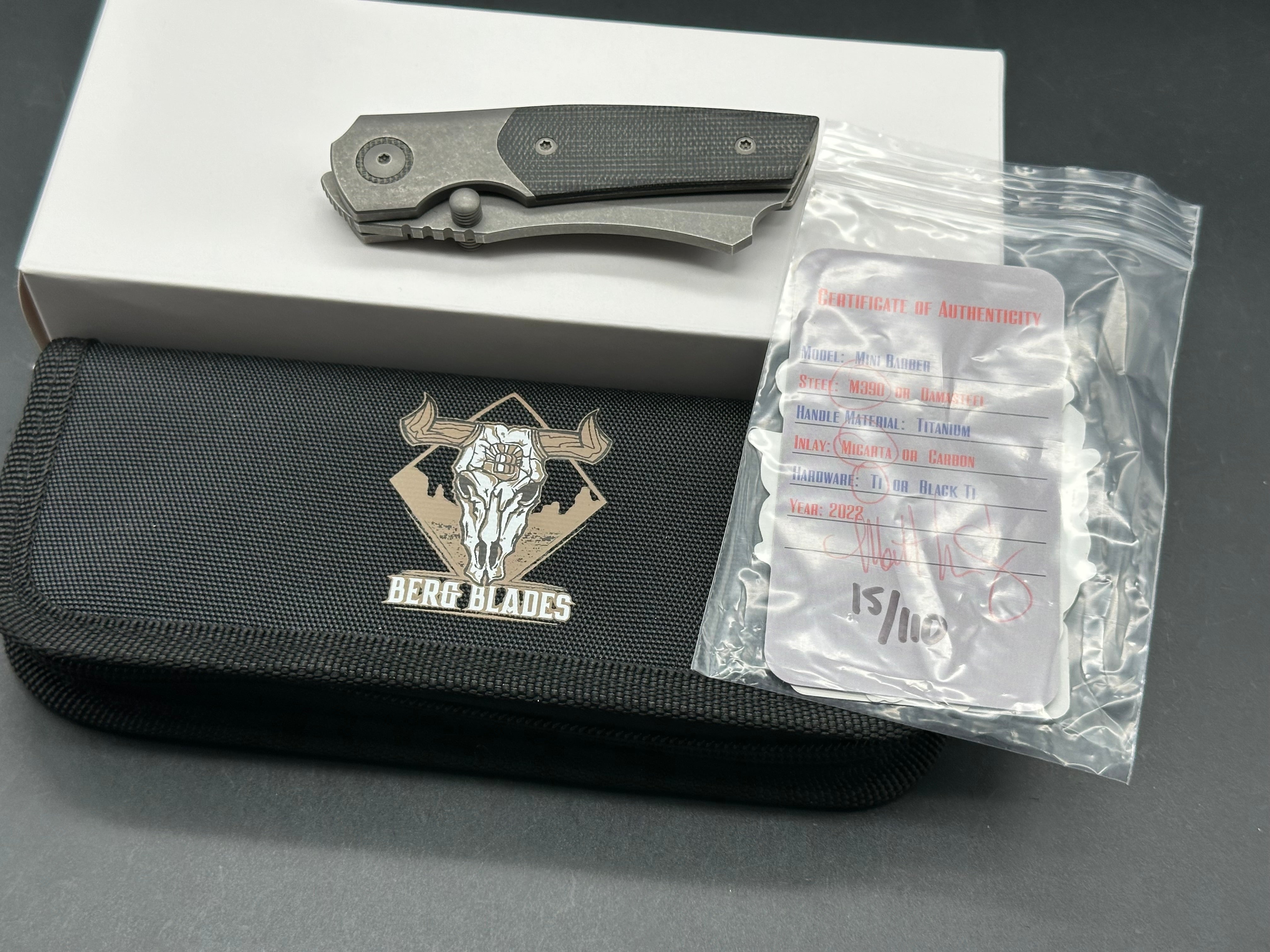 Berg Blades Mini Barber #15/110, Dark Blasted and Tumbled Hollow Ground M390 Blade, Dark Blasted and Tumbled Titanium Handles with Black Micarta