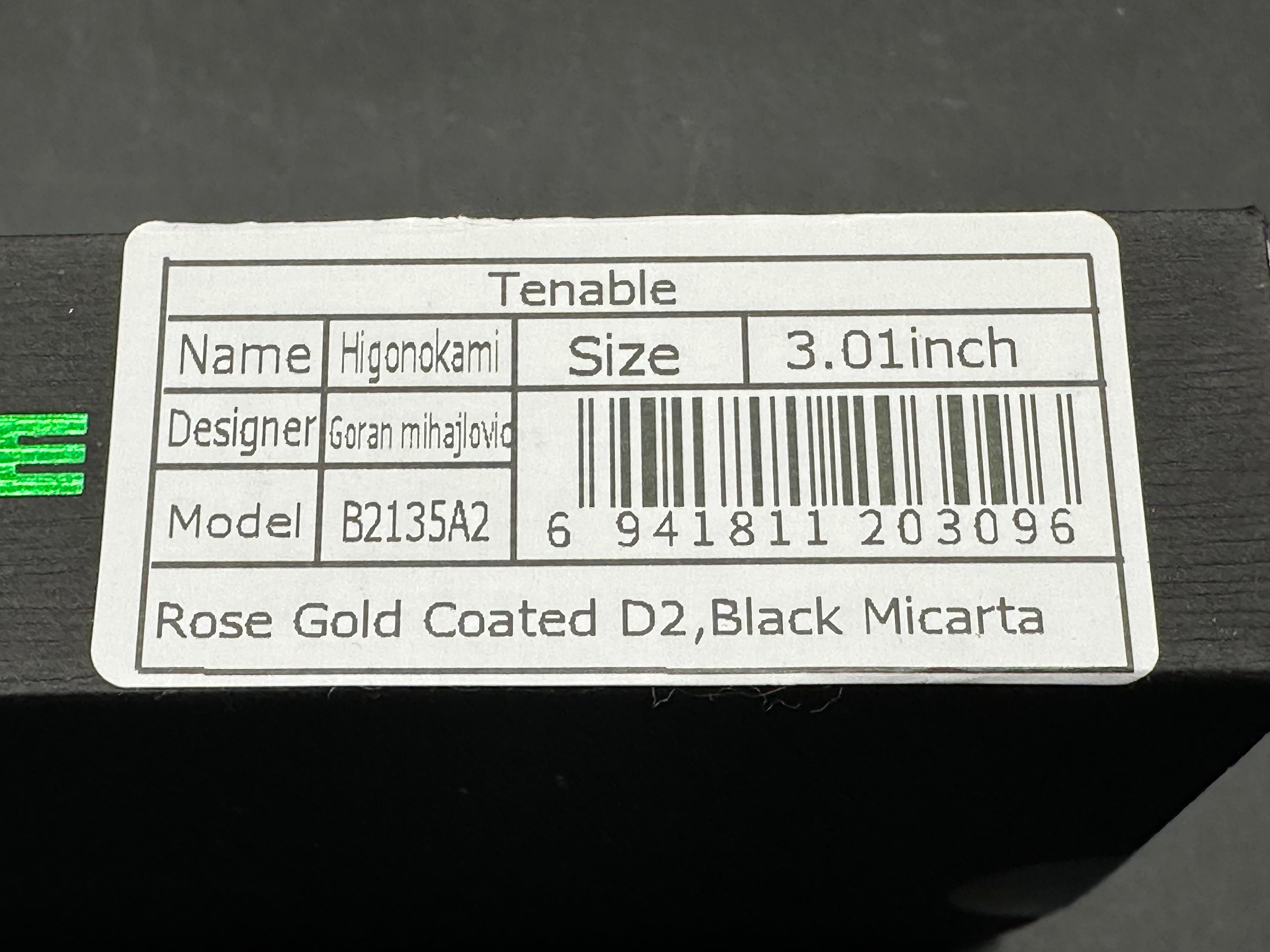 Tenable Higonokami 3.02'' Rose Gold Coated D2 Blade and Black  Micarta Handle