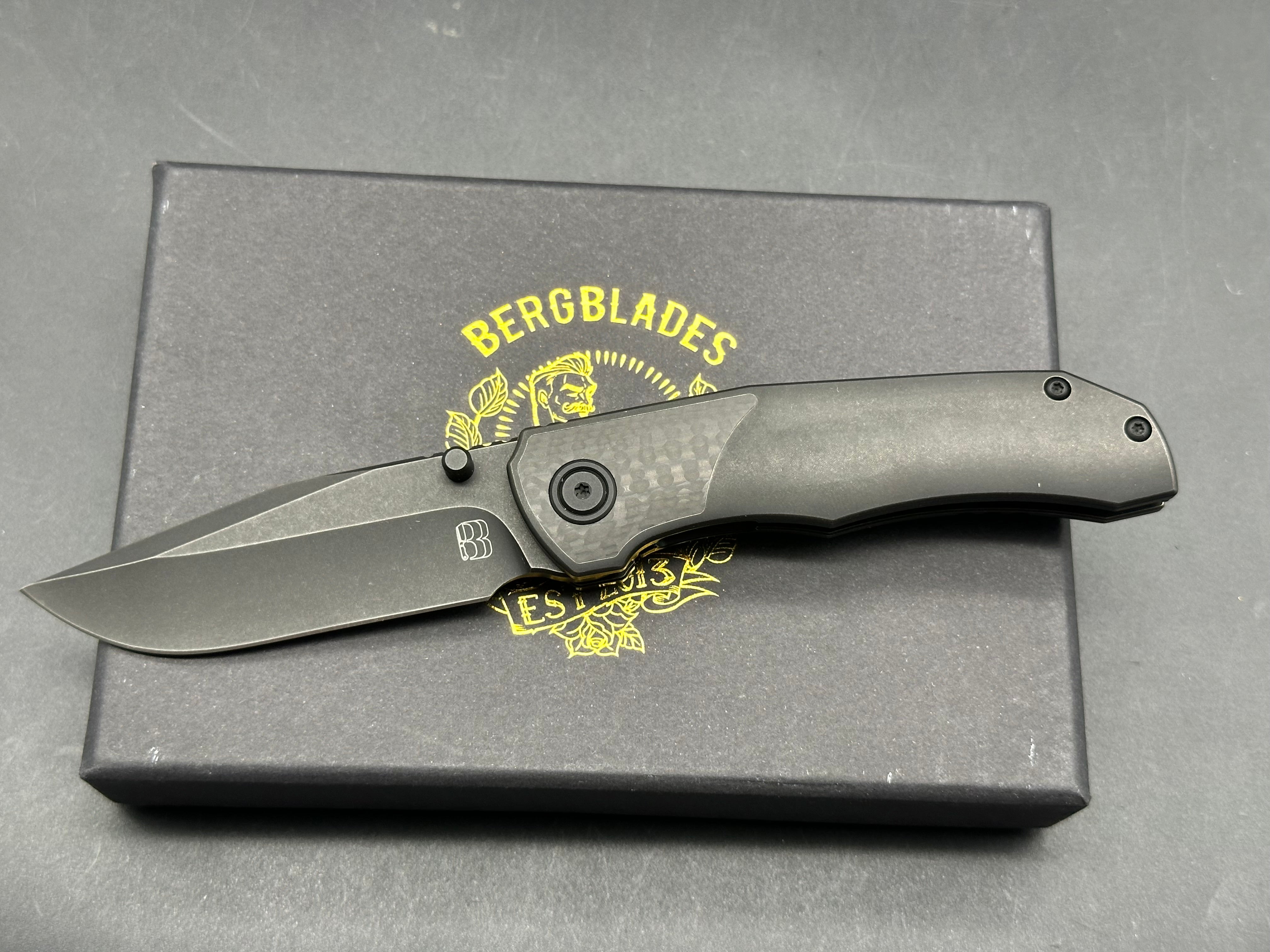 Berg Blades Iron Pup, Tumbled Black DLC CPM-20CV Blade, Tumbled Black Titanium DLC Handles