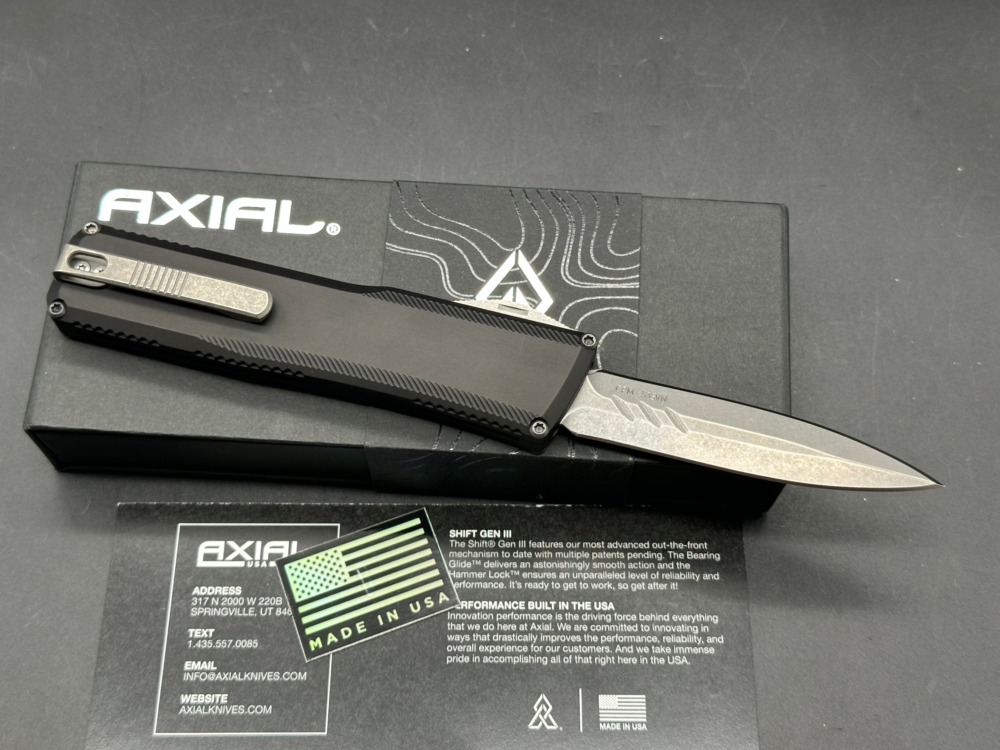 Axial Shift OTF Double Edge, Stonewashed S35VN Blade, Plain Black Anodized Aluminum Handles