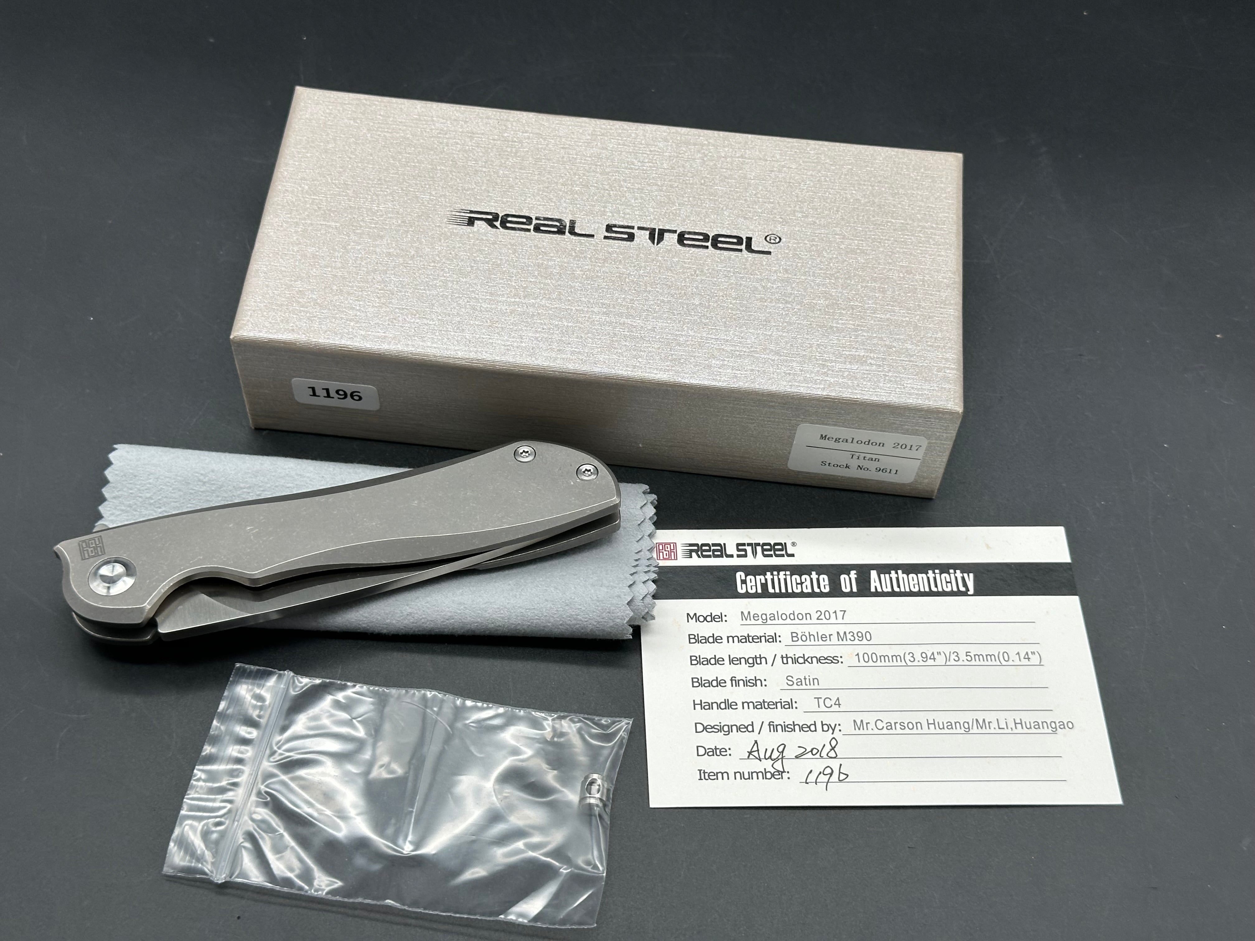Real Steel Megalodon 2017 #1196, Satin M390 Blade, Stonewashed Titanium Handles and Pocket Clip