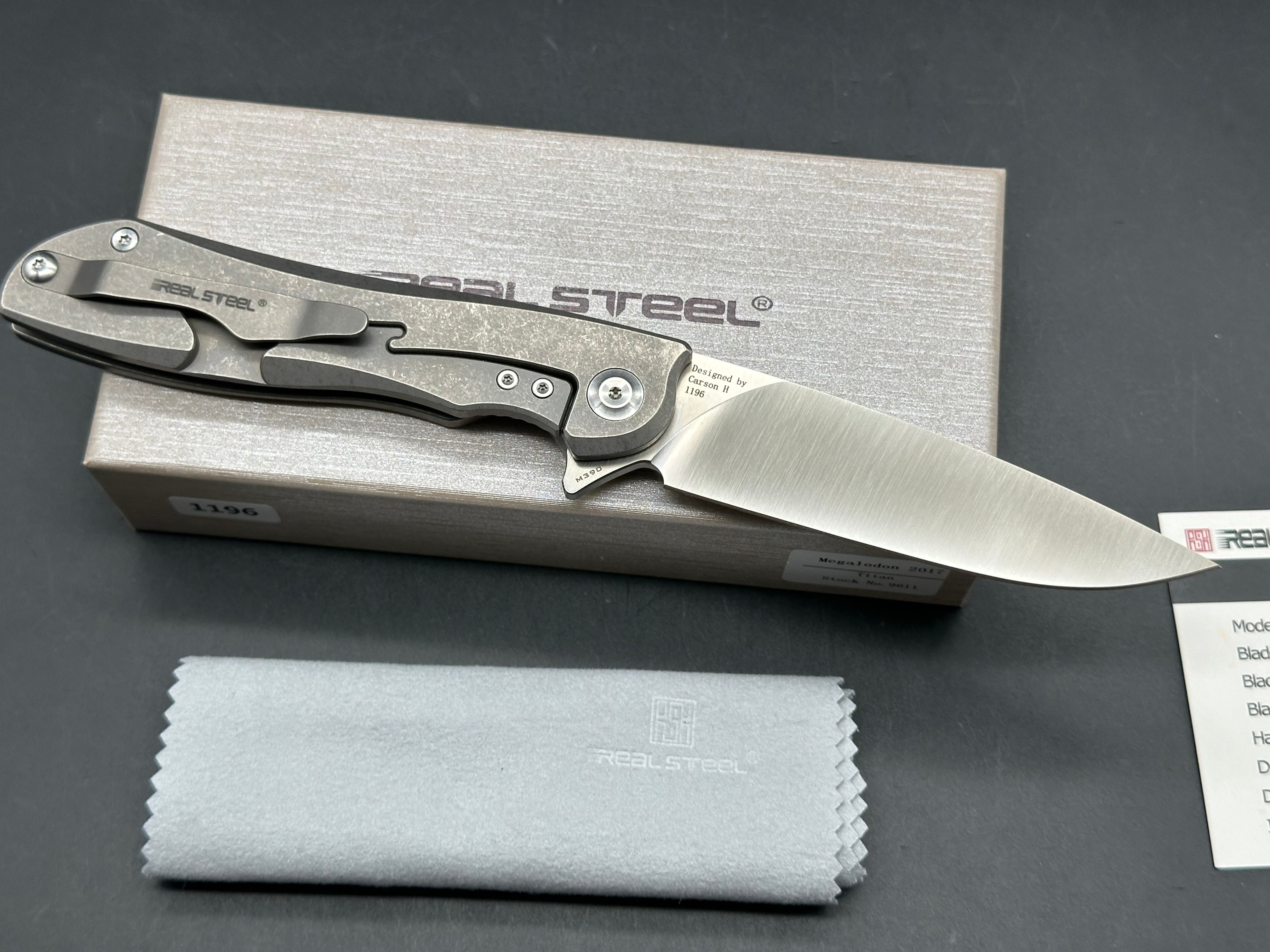 Real Steel Megalodon 2017 #1196, Satin M390 Blade, Stonewashed Titanium Handles and Pocket Clip