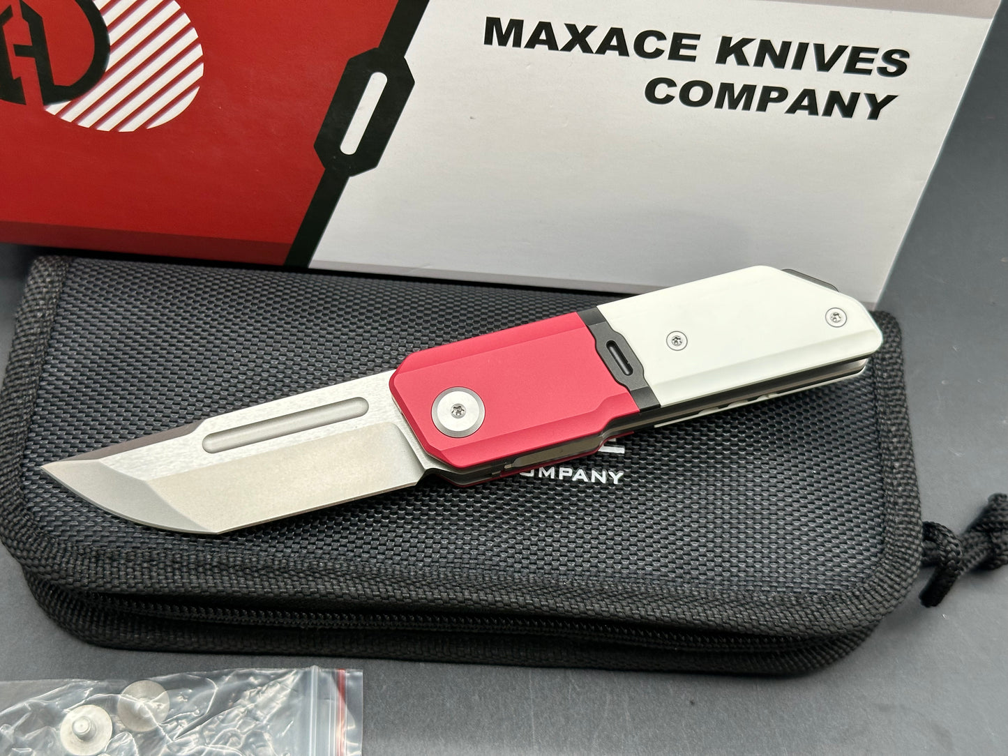 Maxace Capsule Liner Lock Knife Red/White Titanium (2.6" M390 Satin)