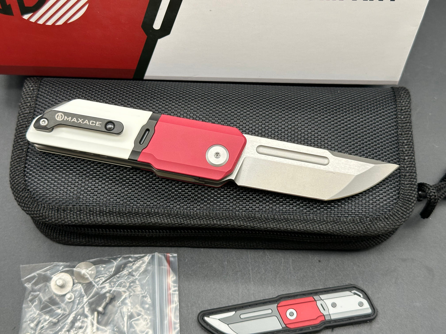 Maxace Capsule Liner Lock Knife Red/White Titanium (2.6" M390 Satin)