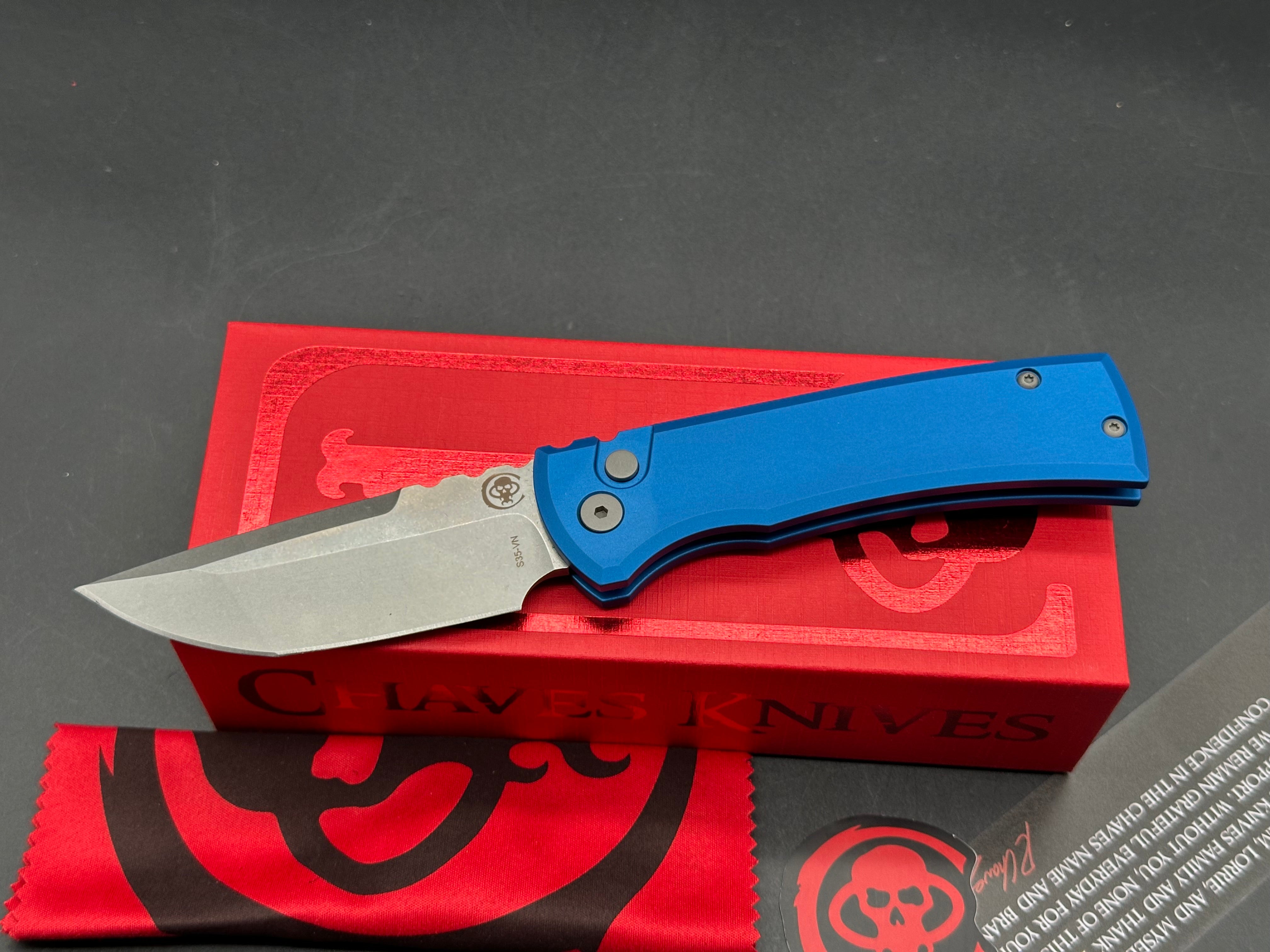 CHAVES KNIVES PRO-TECH AUTOMATIC REDENCION 229 FOLDING KNIFE BLUE ALUMINUM HANDLE S35VN TANTO BLADE