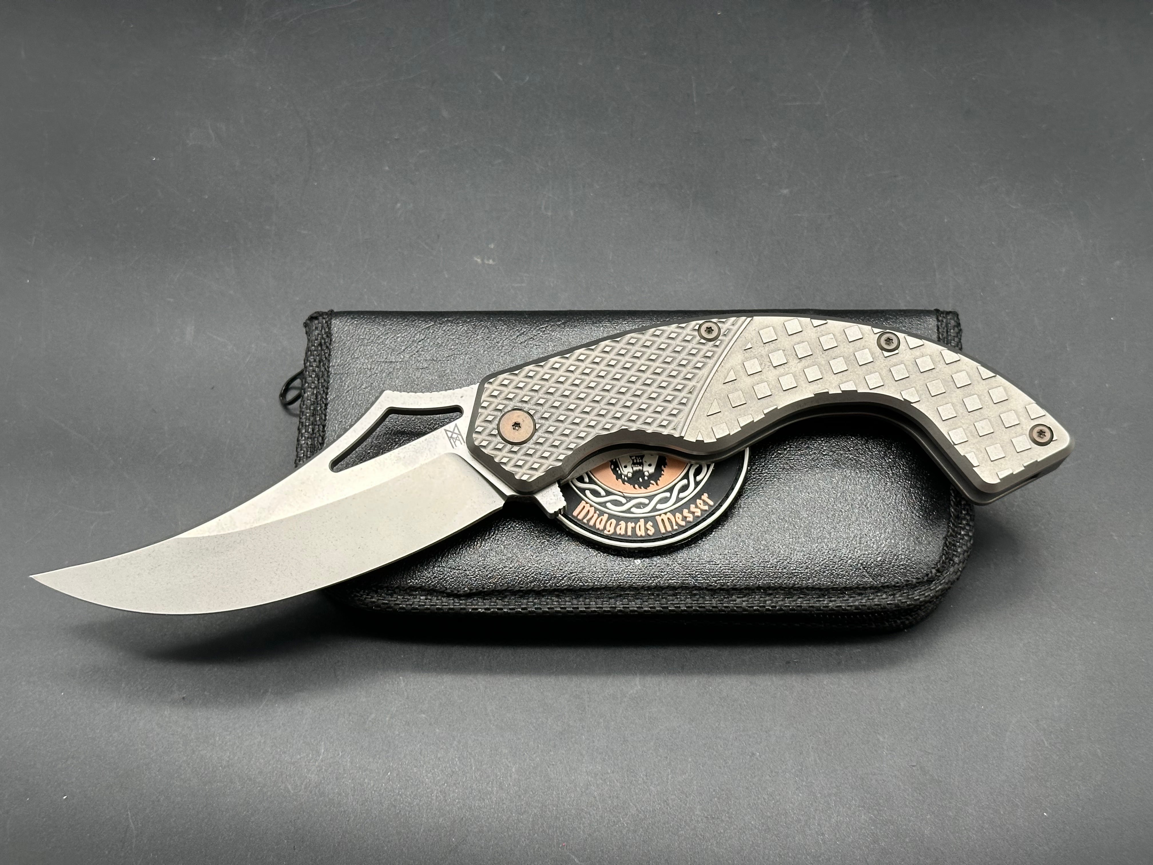 Midgards Messer - Berserker/Grey Textured Milled Ti Frame + Custom Backspacer, Hardware & Clip/Upswept/Stonewash CPM-D2