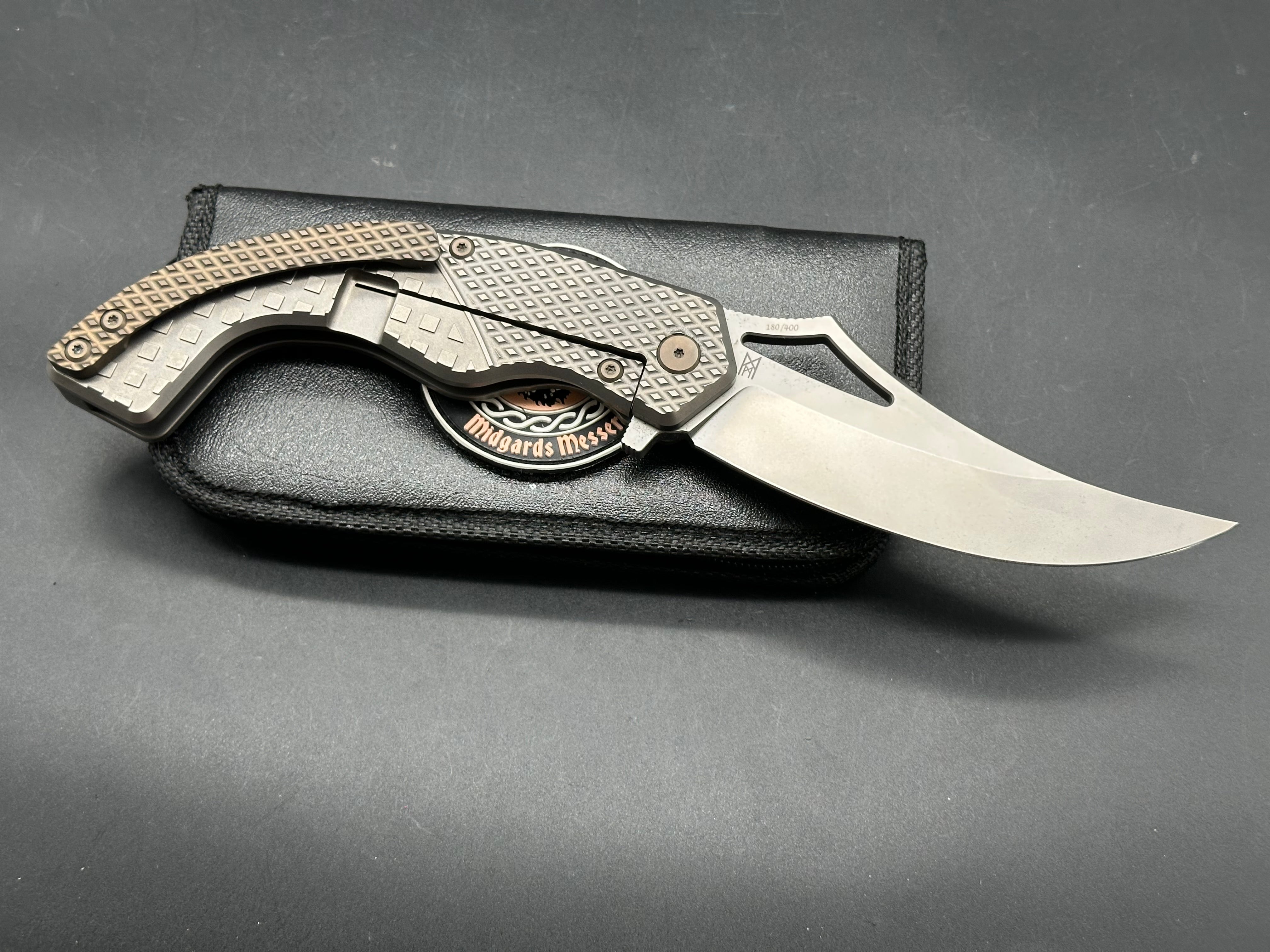 Midgards Messer - Berserker/Grey Textured Milled Ti Frame + Custom Backspacer, Hardware & Clip/Upswept/Stonewash CPM-D2