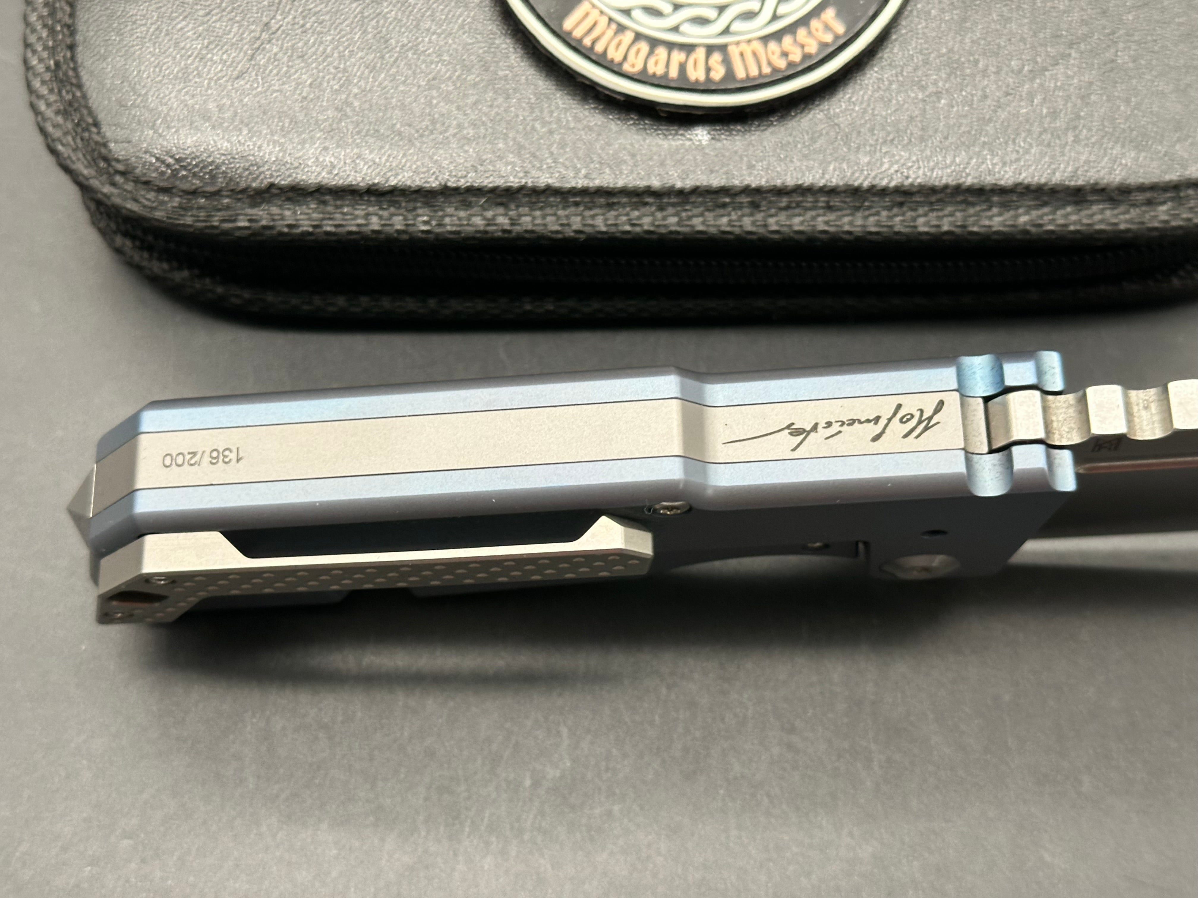 Midgards Messer - Thunrar/Blue Textured Milled Ti Frame/Clip Point/Satin CPM-D2