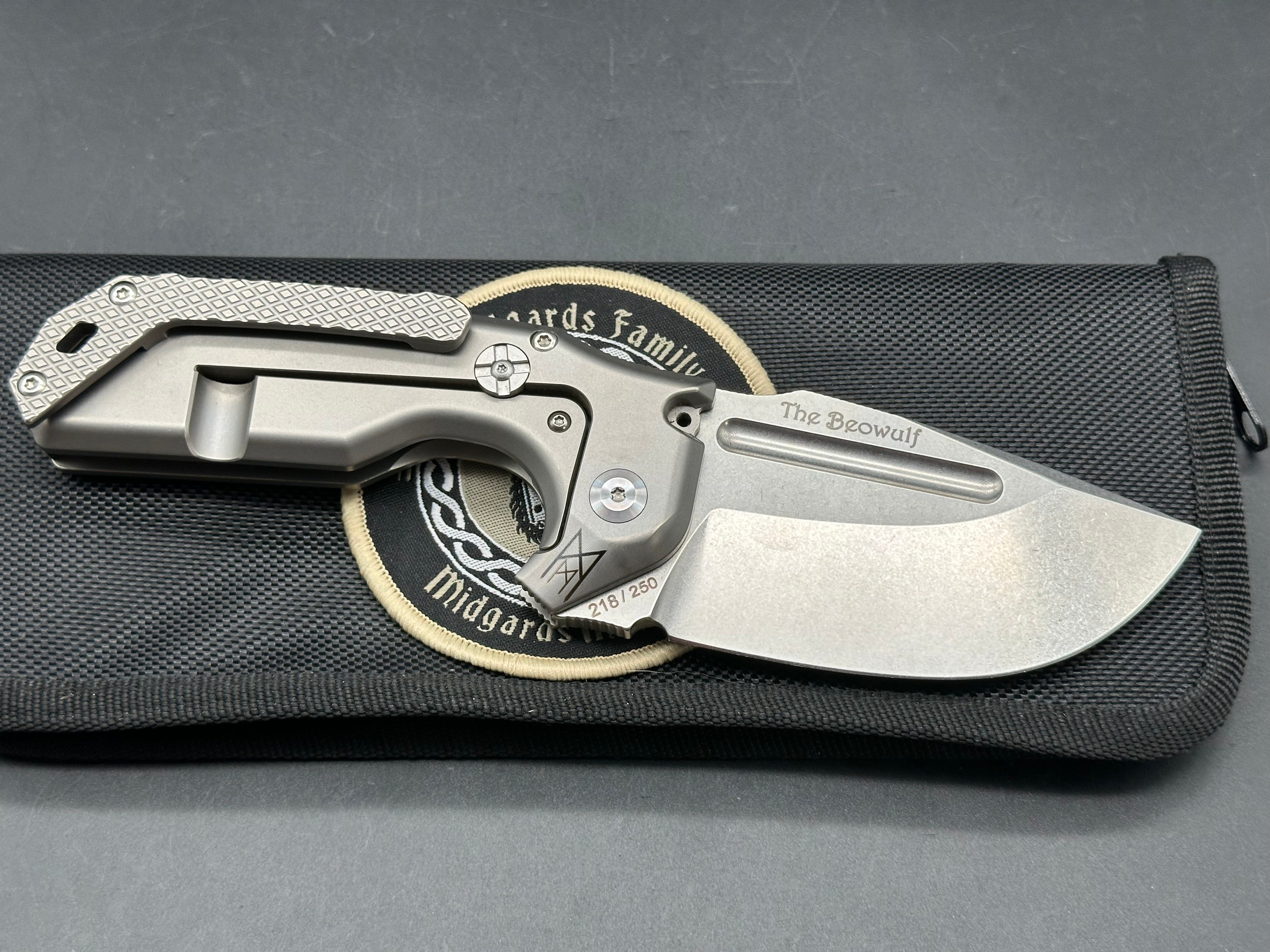 Midgards Messer - Beowulf/Grey Milled Ti Frame + Custom Zuri Backspacer & Clip & Bronze Hardware/Clip Point/Satin CPM-D2